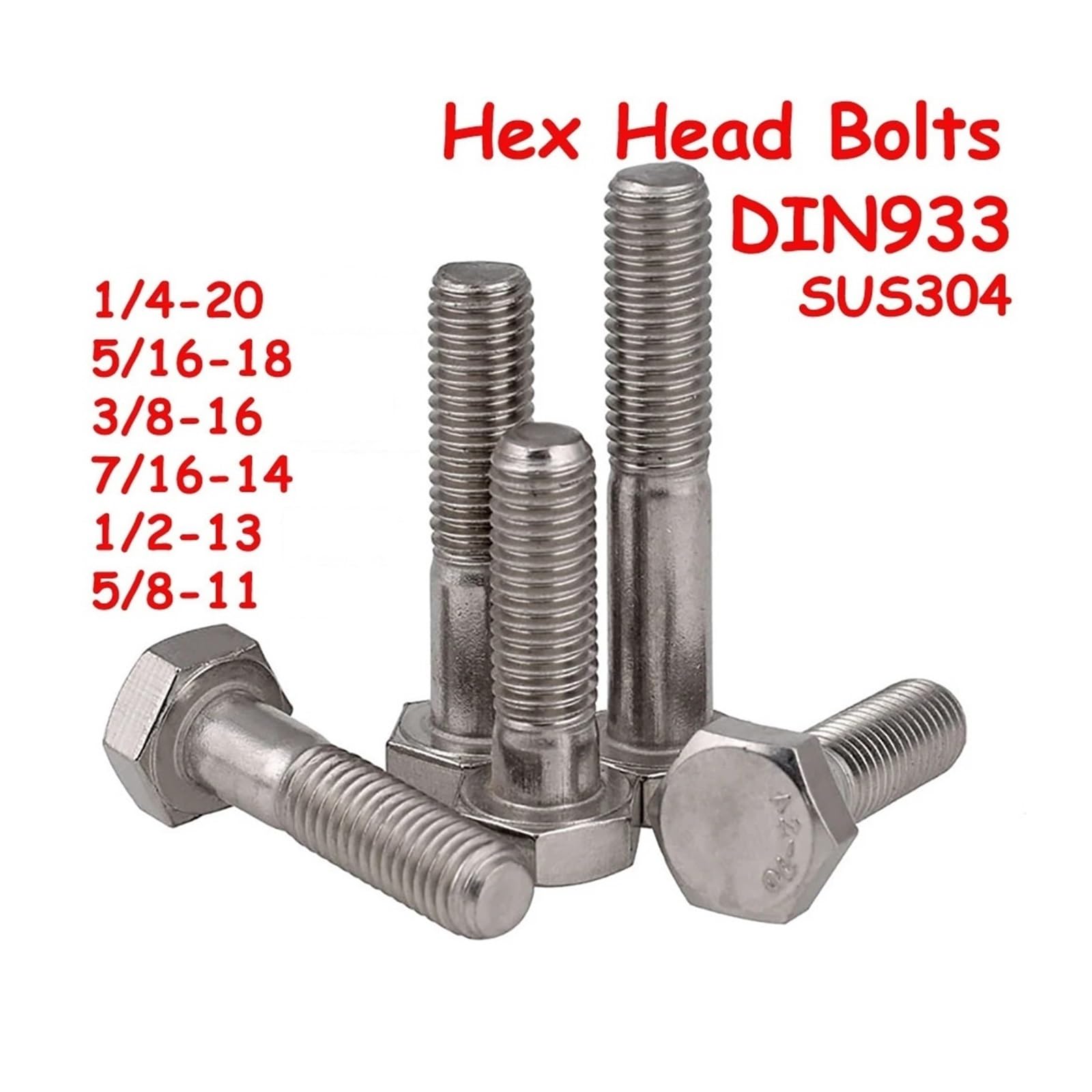 Vis à tête hexagonale en acier inoxydable SUS304-1/4 5/16 3/8 7/16 1/2 5/8" UNC, boulons filetés partiels for le travail des métaux(5.0inch,3/8-16 (1Pcs))