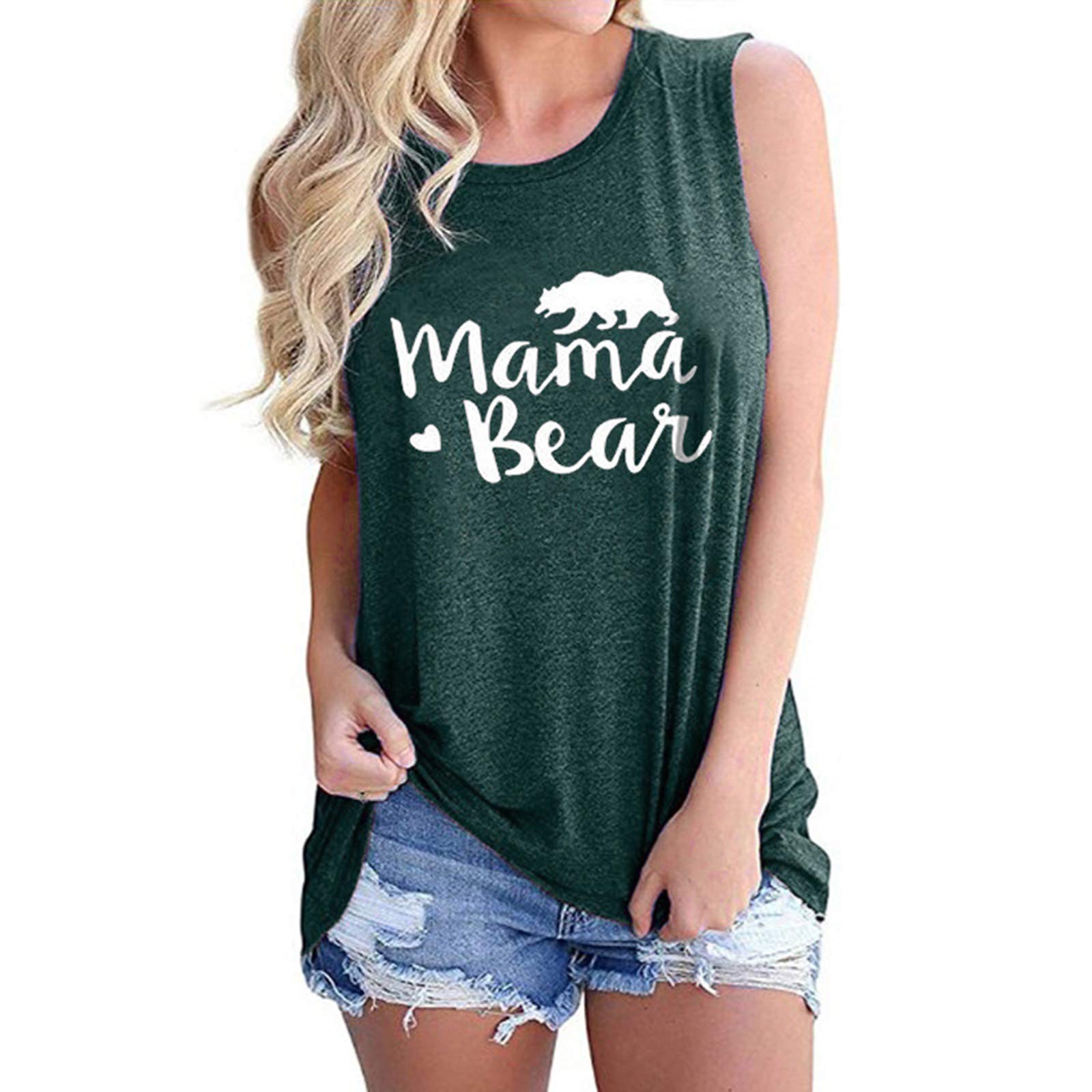 T-Shirt sans Manches pour Femmes Col Rond Imprimé Vert XL