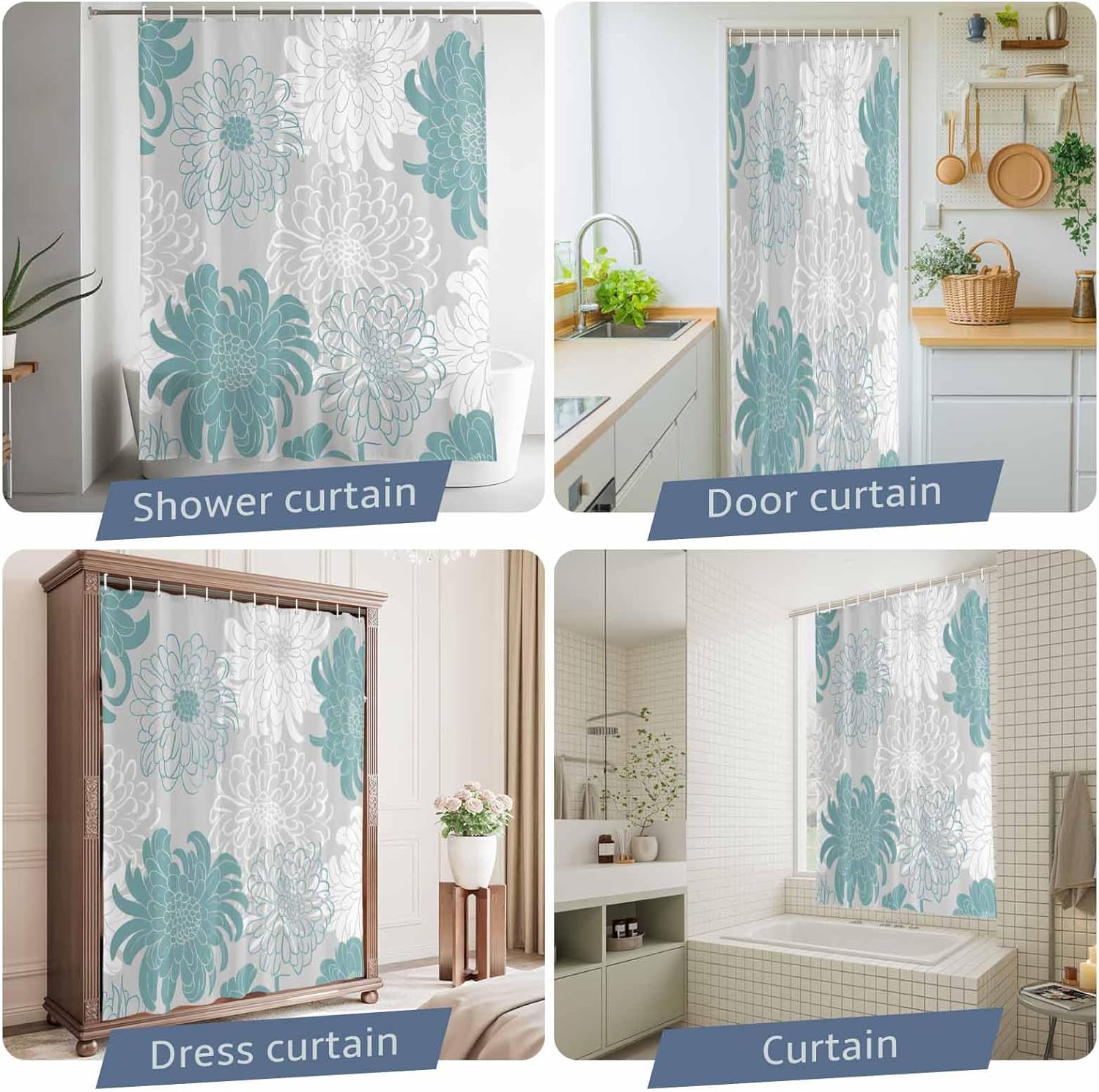 Shower Curtain Waterproof Polyester Fabric Shower Curtain Set with Hooks, Abstract Floral Dahlia Cyan White and Grey Privacy Shower Curtains for Bathroom Showers, Stalls and Bathtubs, 72x72 Inches