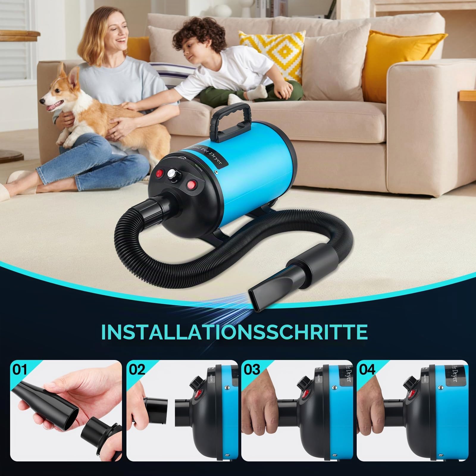 Hundefön Hundetrockner, Hundefön Blower 3800W/4,5 PS, Profi Tierhaartrockner für die Fellpflege, Stufenlose Geschwindigkeitsregelung, Geräuscharm, mit 4 Verschiedenen Düsen Elastischem Schlauch
