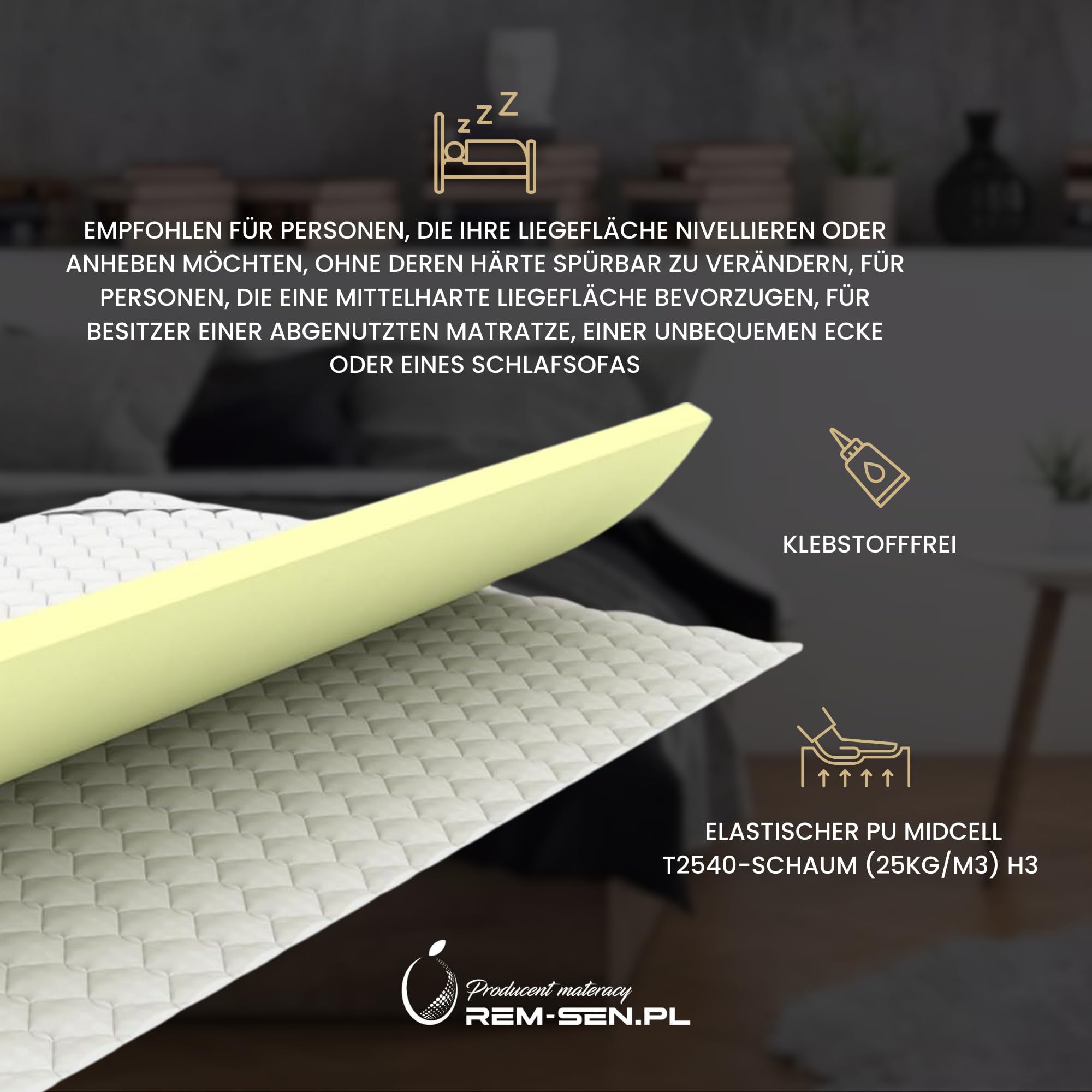 REM-SEN Matratzen Topper Matratzentopper 90x200 cm Höhe 5cm Härtegrad 3 (H3) Mattress Topper aus mittelfeste Polyurethanschaum, Dreilagige Membranhülle, Für Sofa oder jeden Platz, Öko-Tex Zertifiziert