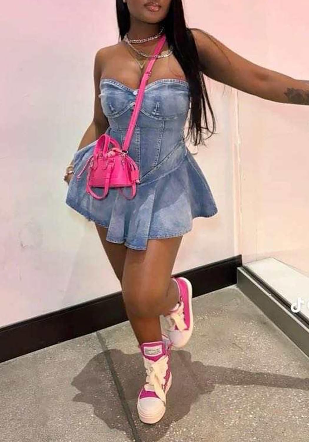 DINGANG Womens Y2K Strapless Denim Mini Dress Off Shoulder Corset Tube Pleated Ruffle Party Jean Dresses - Image 6