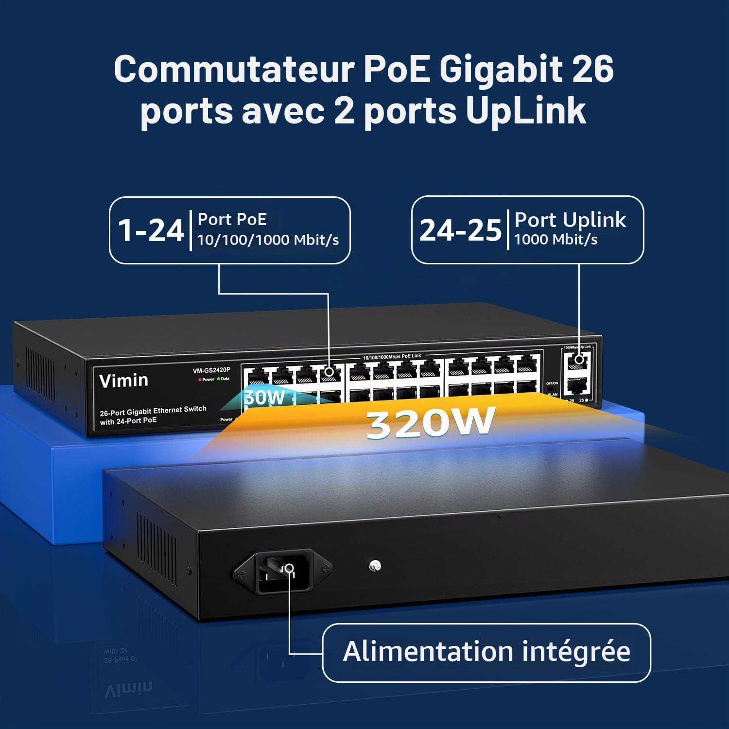 VIMIN Commutateur PoE Gigabit 24 Ports avec 2 Ports Montants Gigabit, Commutateur Ethernet PoE Non Géré 26 Ports avec Une Puissance de 320W, Prise en Charge de IEEE802.3af/at, VLAN, Boîtier en Métal