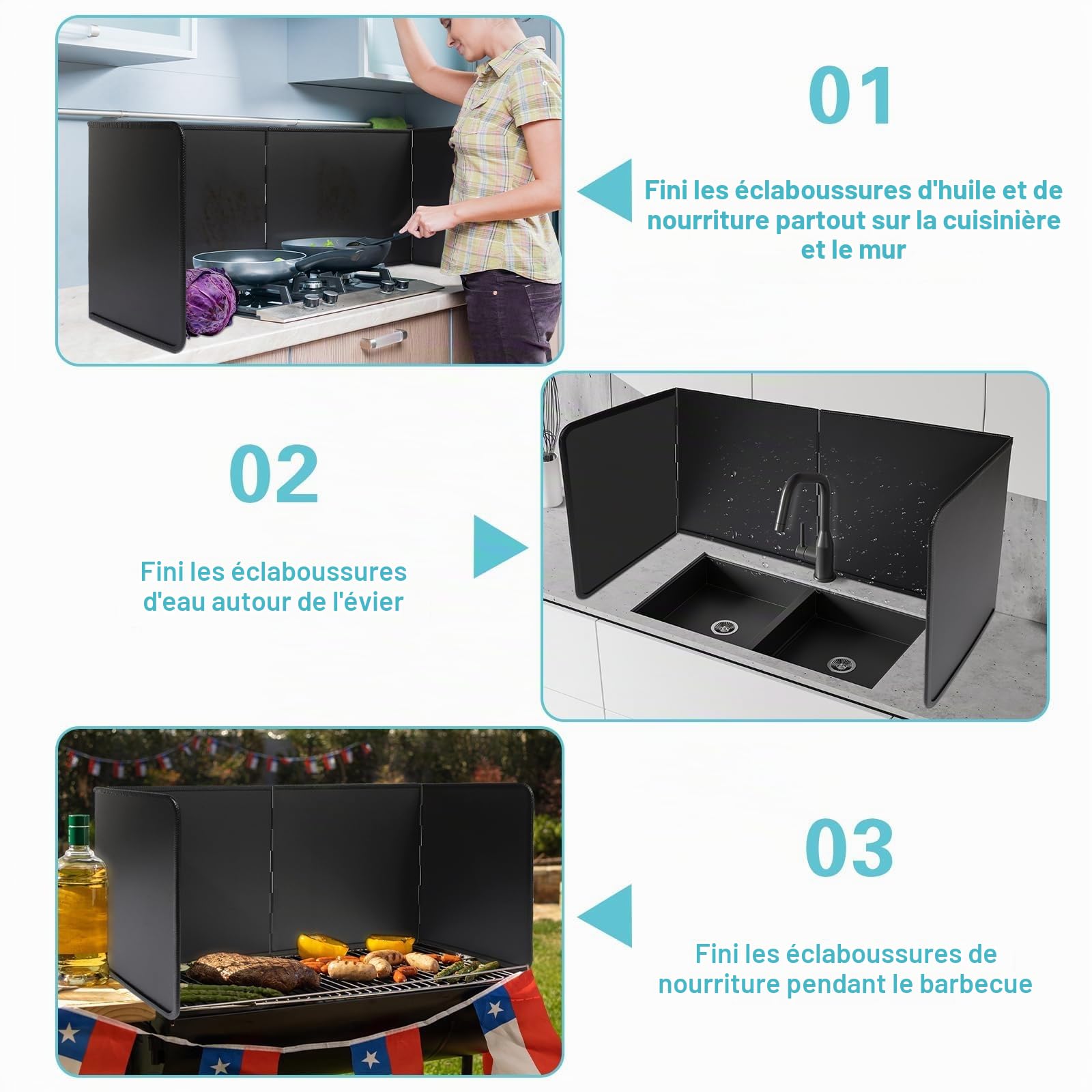 40cm Protection Anti-éclaboussures Liable pour Cuisinière Cuisine Protection Anti Eclaboussure Cuisine Reglable Plaque Anti Projection Cuisine Noire Protection Cuisine Mur