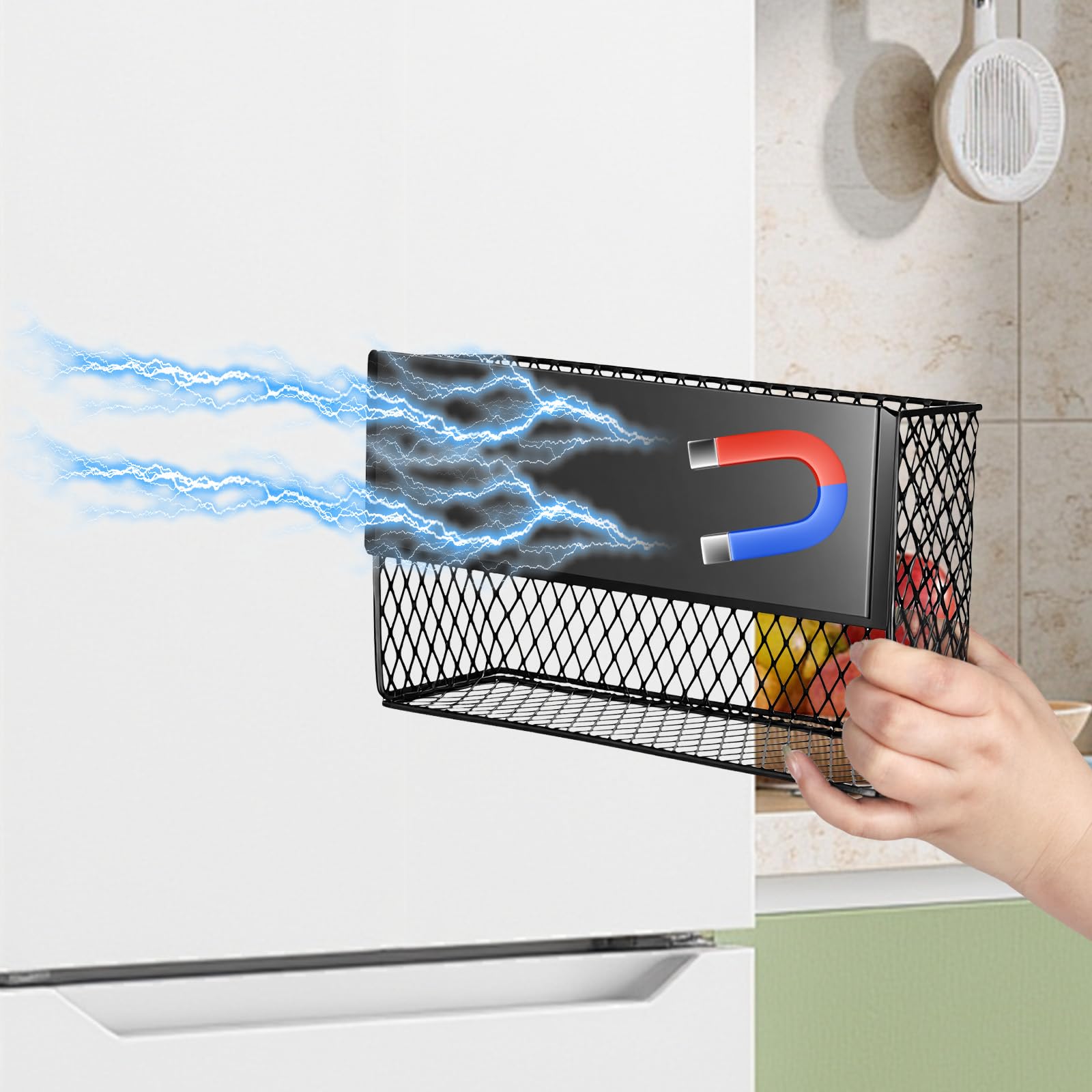 Magnetyczny regał na lodówkę, regał na przyprawy, magnetyczny regał na lodówkę, magnetyczny kosz do przechowywania do domu, kuchni, biura i szkoły, 25,5 x 8,5 x 15 cm, czarny