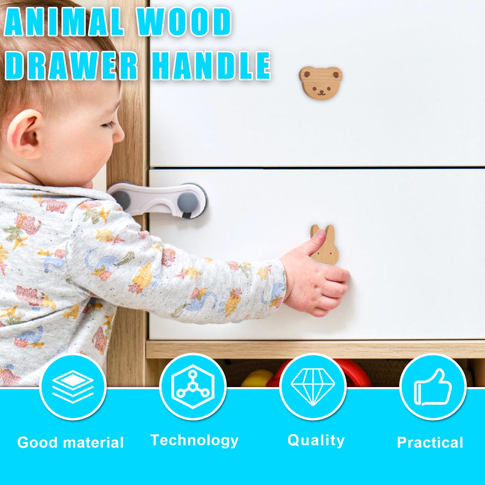 Vaileal 8 pomelli per armadi in legno per cameretta dei bambini, in diverse forme di animali, maniglie per cassetti in legno per bambini, pomelli in legno con motivi animali, pomelli per armadi