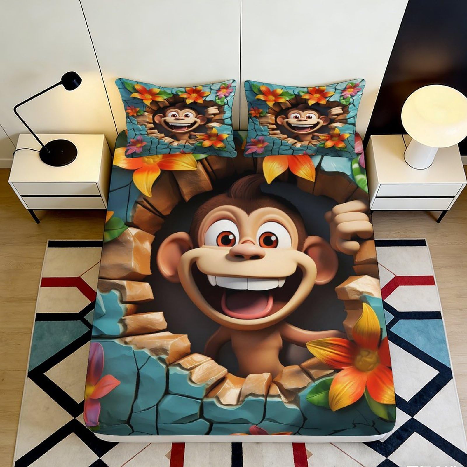3D Printed Cartoon Monkey Fitted Sheet Microfiber Soft Breathable Floral Bed Cover for Bedroom Dormitory Guest Room Mattress Protection 180x200x25cm
