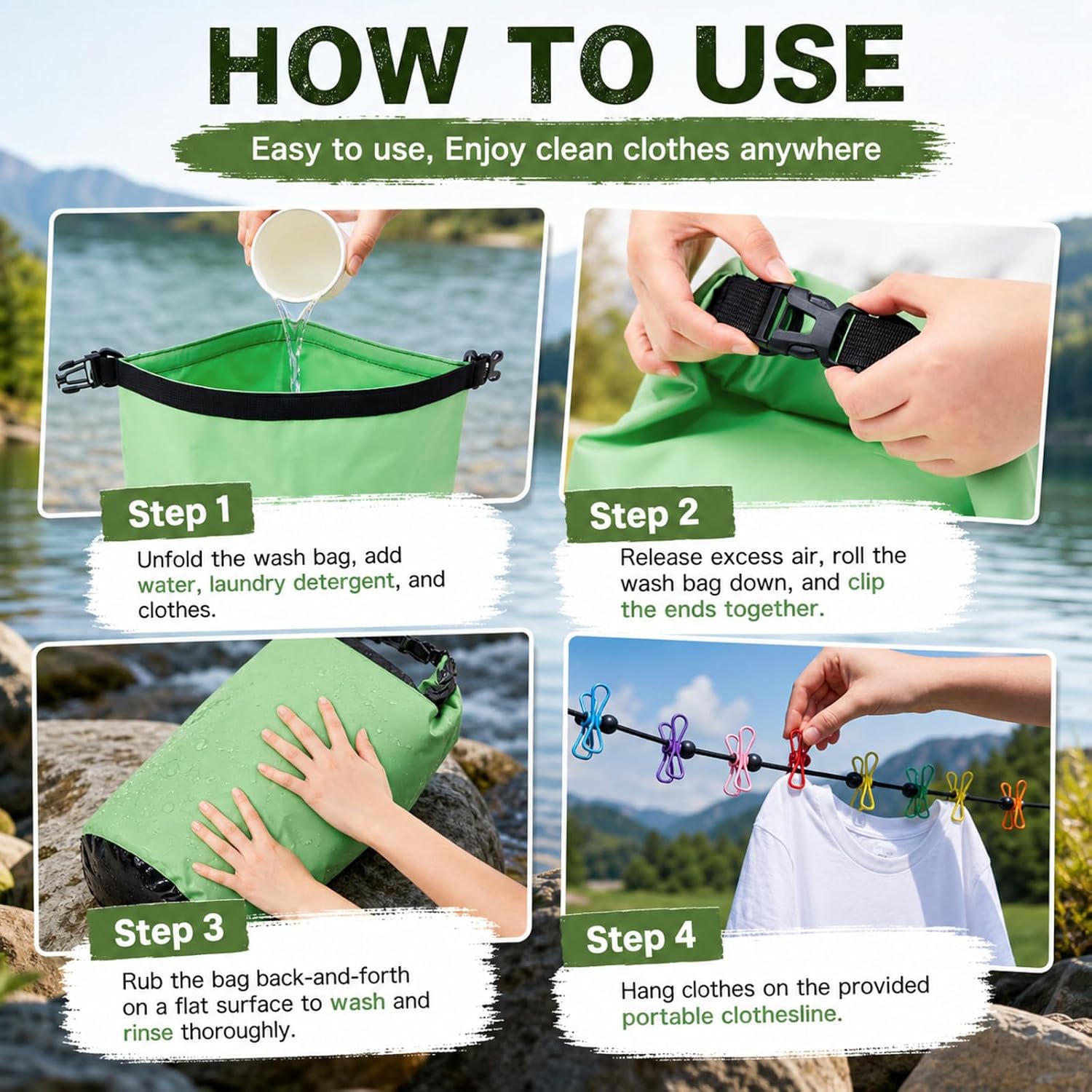 Shinylin Portable Hand Wash Bag with Retractable Clothesline, 7.9 Gallons