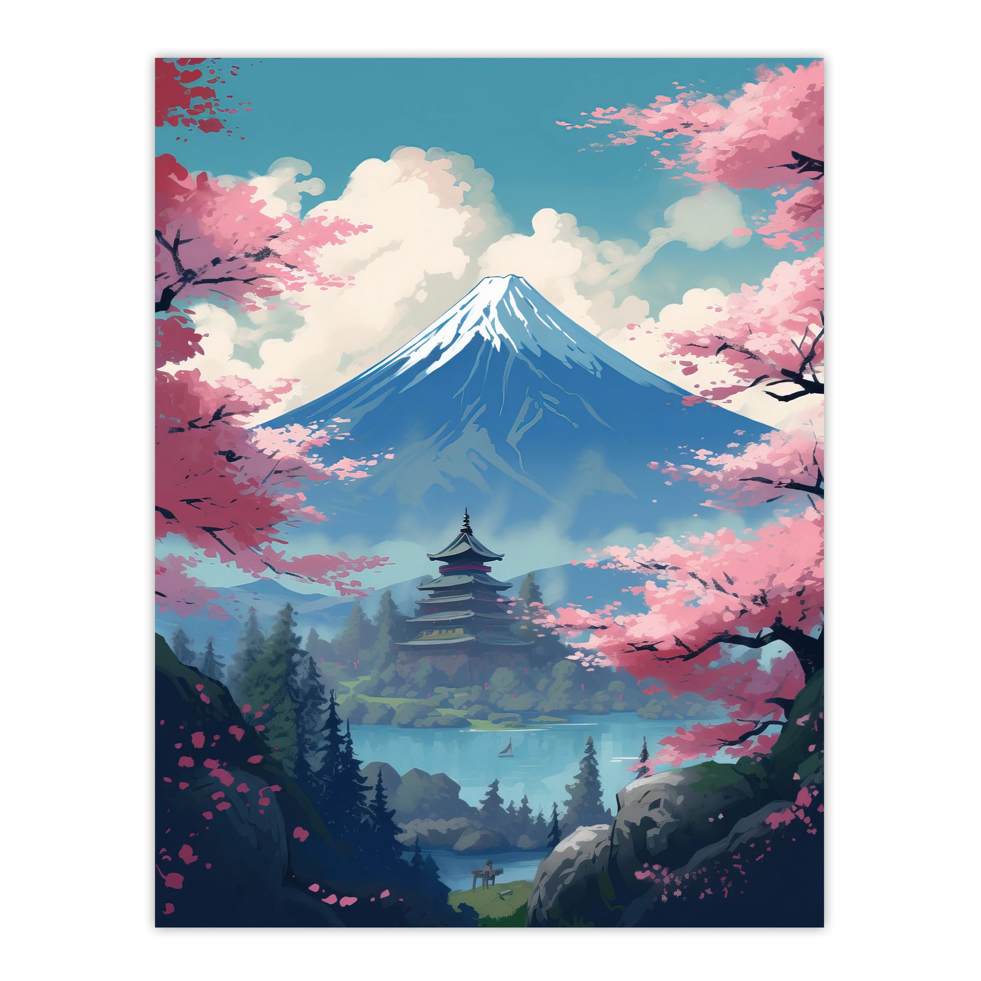 Artery8 Japanese Temple on Mount Fuji Lake Painting Green Blue Pink Cherry Blossom Trees Blooming in Tranquil Forest Landscape Large Wall Art Poster Print Thick Paper 18X24 Inch