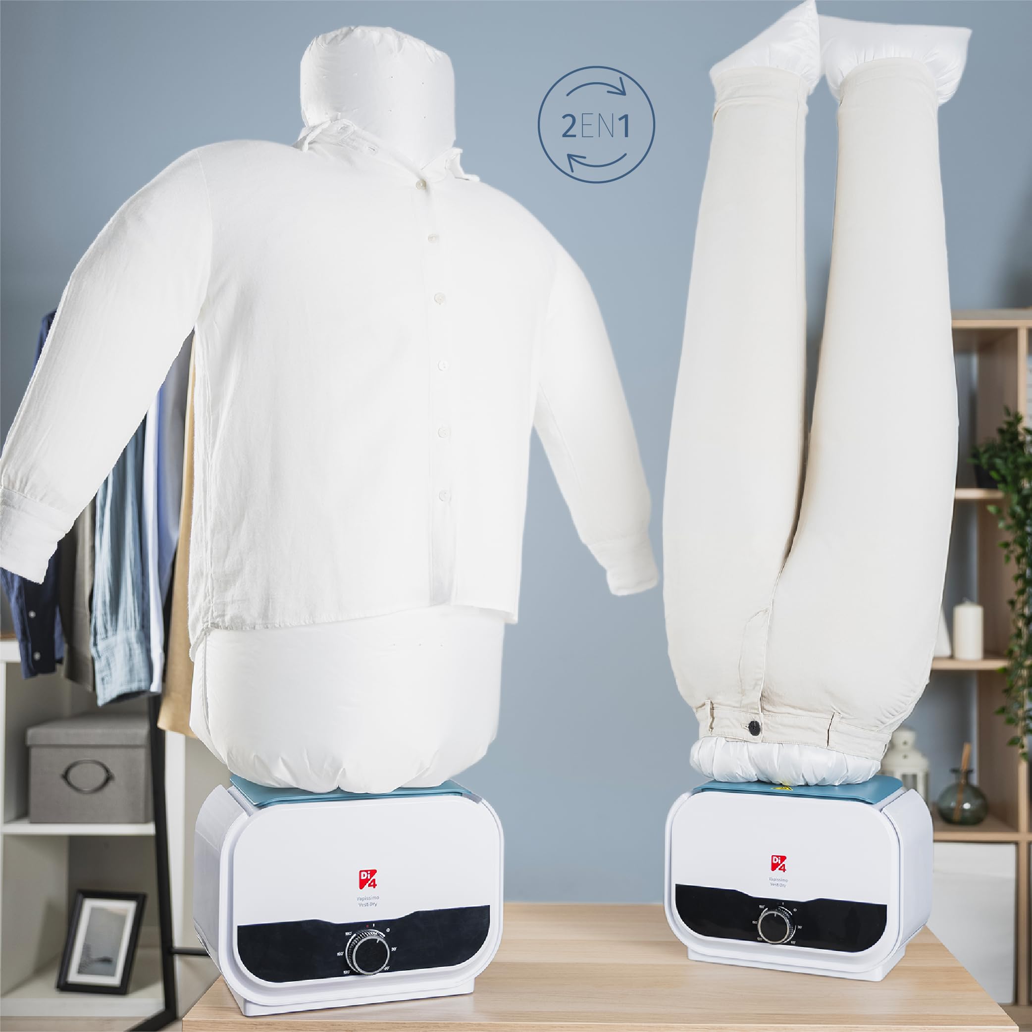 Di4 Maniquí 2 en 1 Vapissimo VestiDry, Planchado y Secado Automáticos, 1400W, Elimina Arrugas, Desodoriza y Neutraliza Olores, Temporizador de 3 horas, Tallas S a XXL, Accesorio Pantalones Incluido
