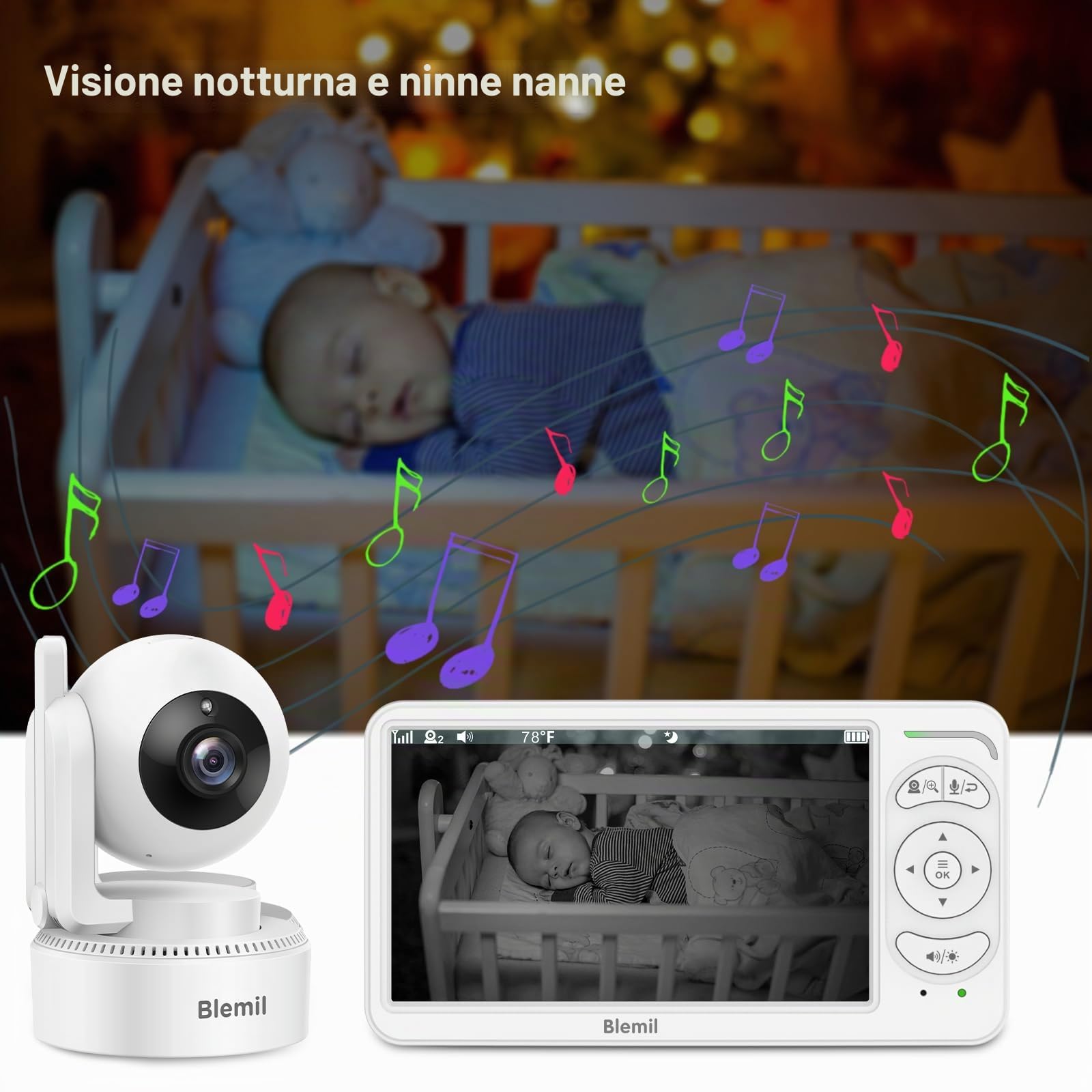 Blemil Baby monitor, Video Baby monitor con 2 telecamere e audio, 6 IPS grande schermo Split Screen Baby Monitor, Videomonitor telecamere con chiara visione notturna e 30 ore di durata della batteria | Baby monitor No WiFi, PTZ remoto, ECO, visione nottur