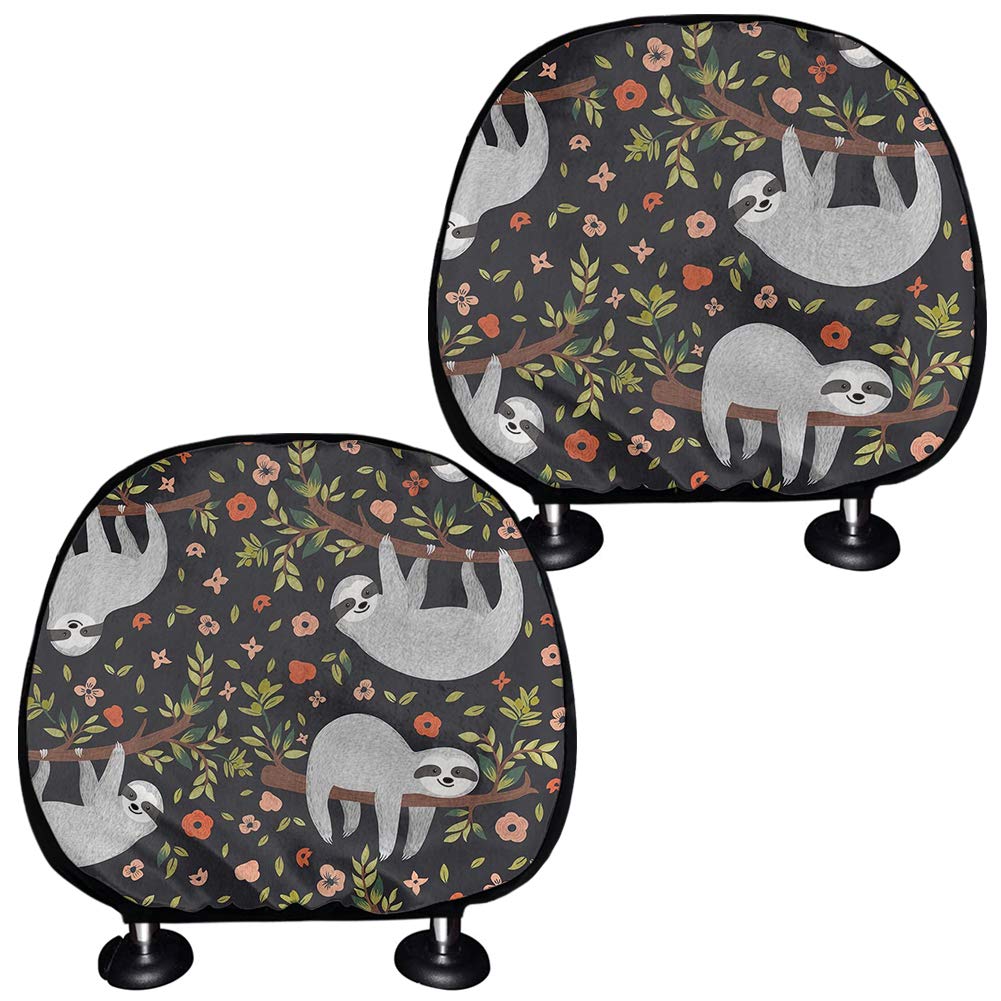 TOADDMOS 2 Pack Sloth Flower Print Car Truck SUV Van Headrest Covers,Universal Car Seat Head Rest Protector