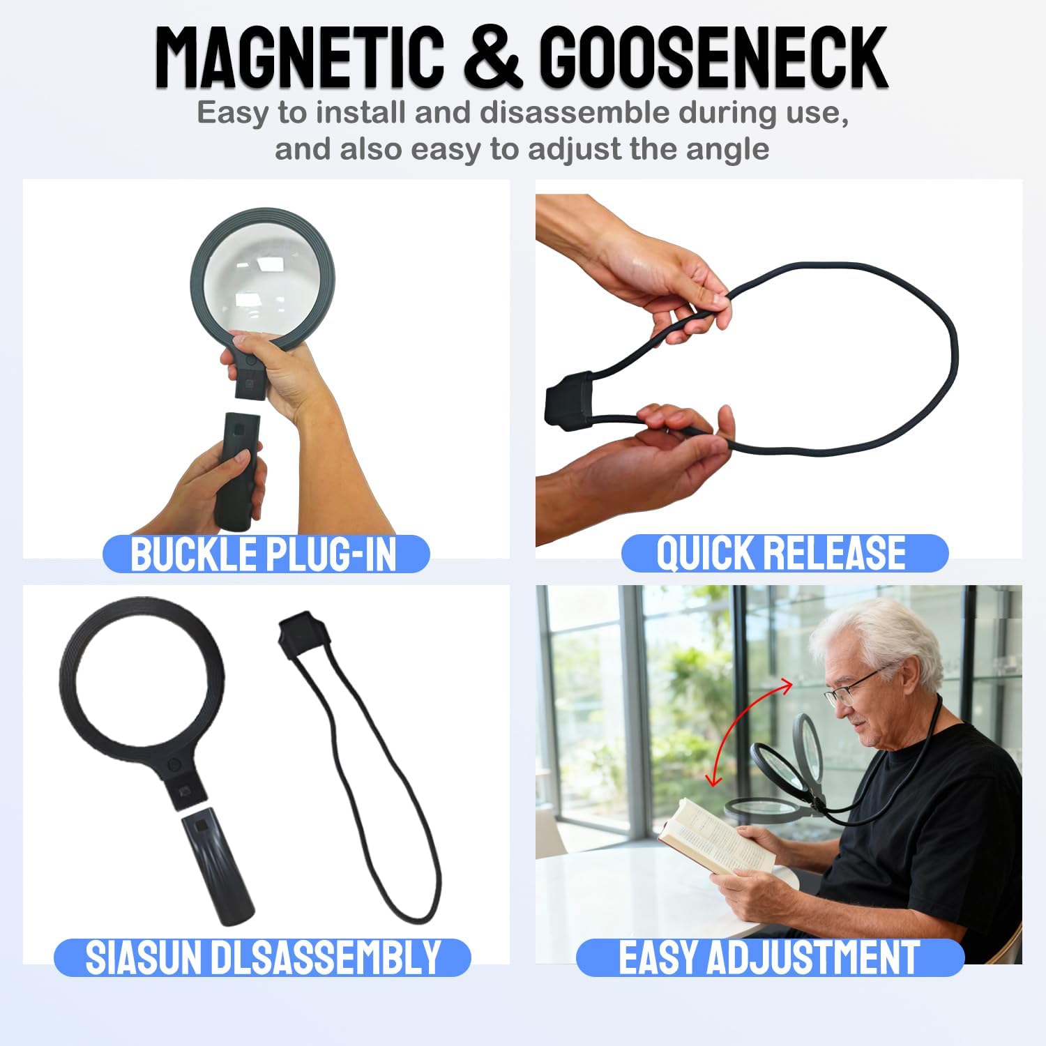 Hands-Free Magnifying Glass & Goose Neck Magnifier with Light | Neck-Worn Rechargeable for Reading, Crafts, Cross Stitch | 5X&10X Large View for Low Vision Seniors & Close Work