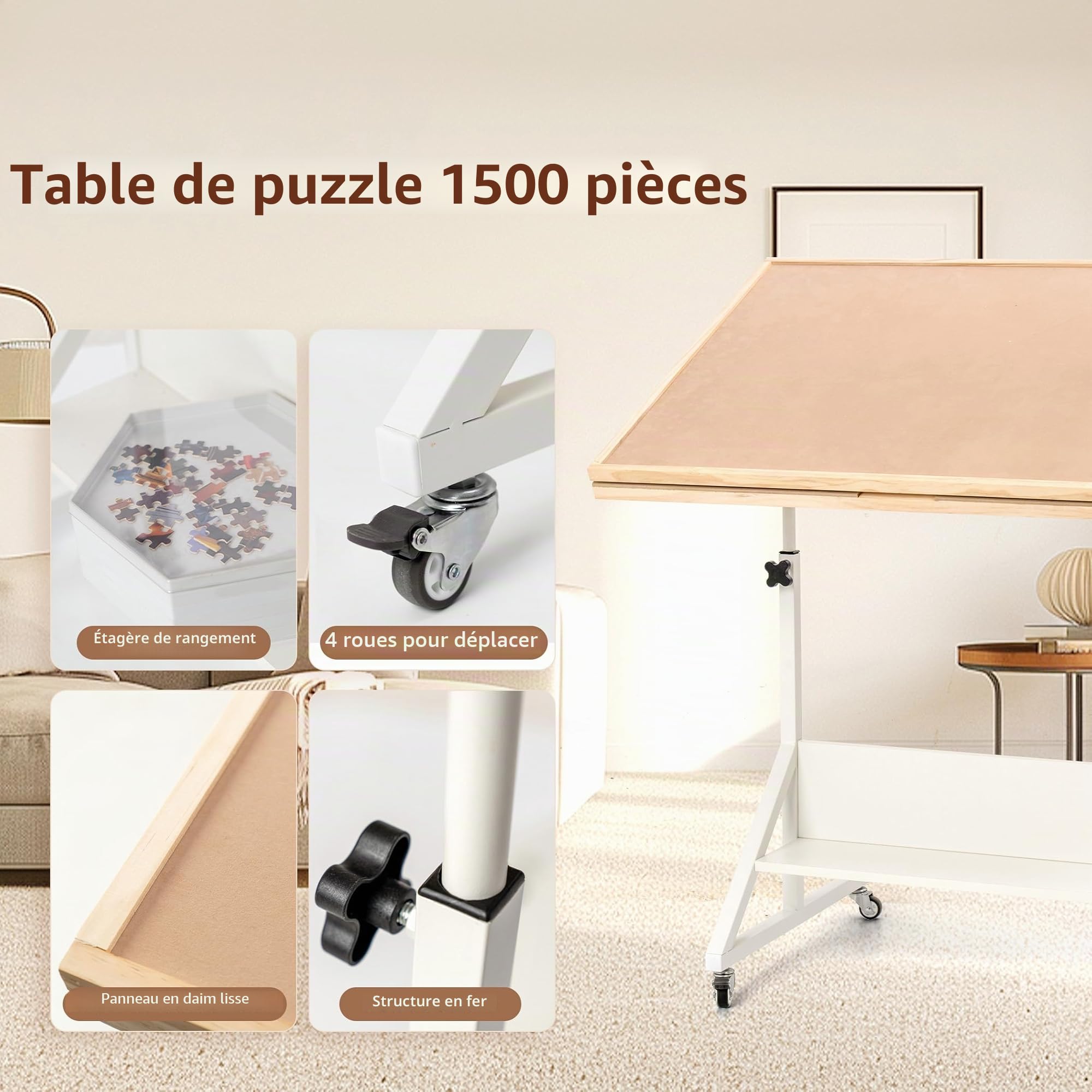 Becko US - Table de puzzle inclinable et rotative de 1500 pièces avec tiroirs et couvercle, plateau de puzzle pliable et portable avec inclinaison et ajustements de hauteur, facile à déplacer, pour