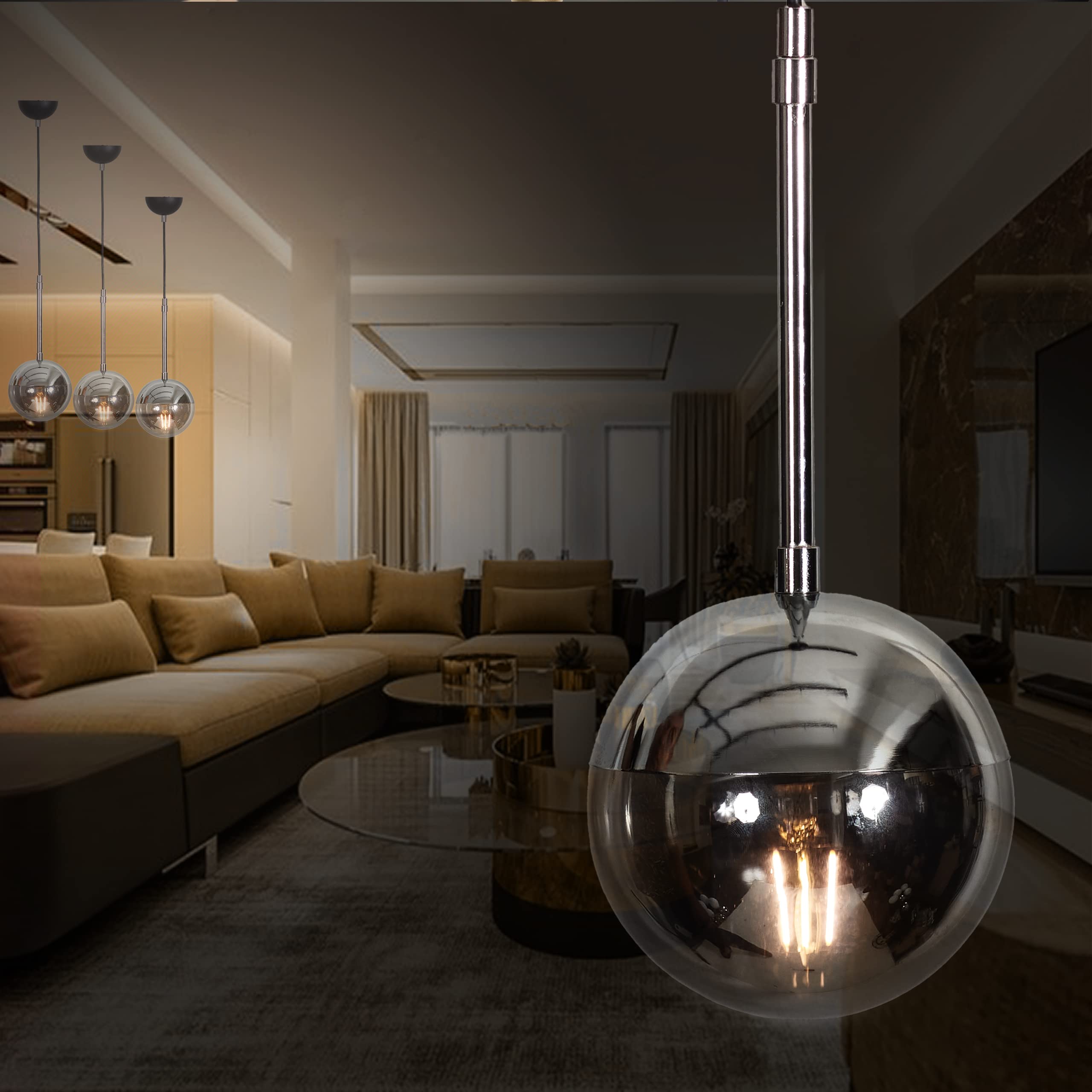 Nova Pendelleuchte Esstisch Glaskugel Wohnzimmerlampe Kugellampe E27 Fassung (Chrome 1)