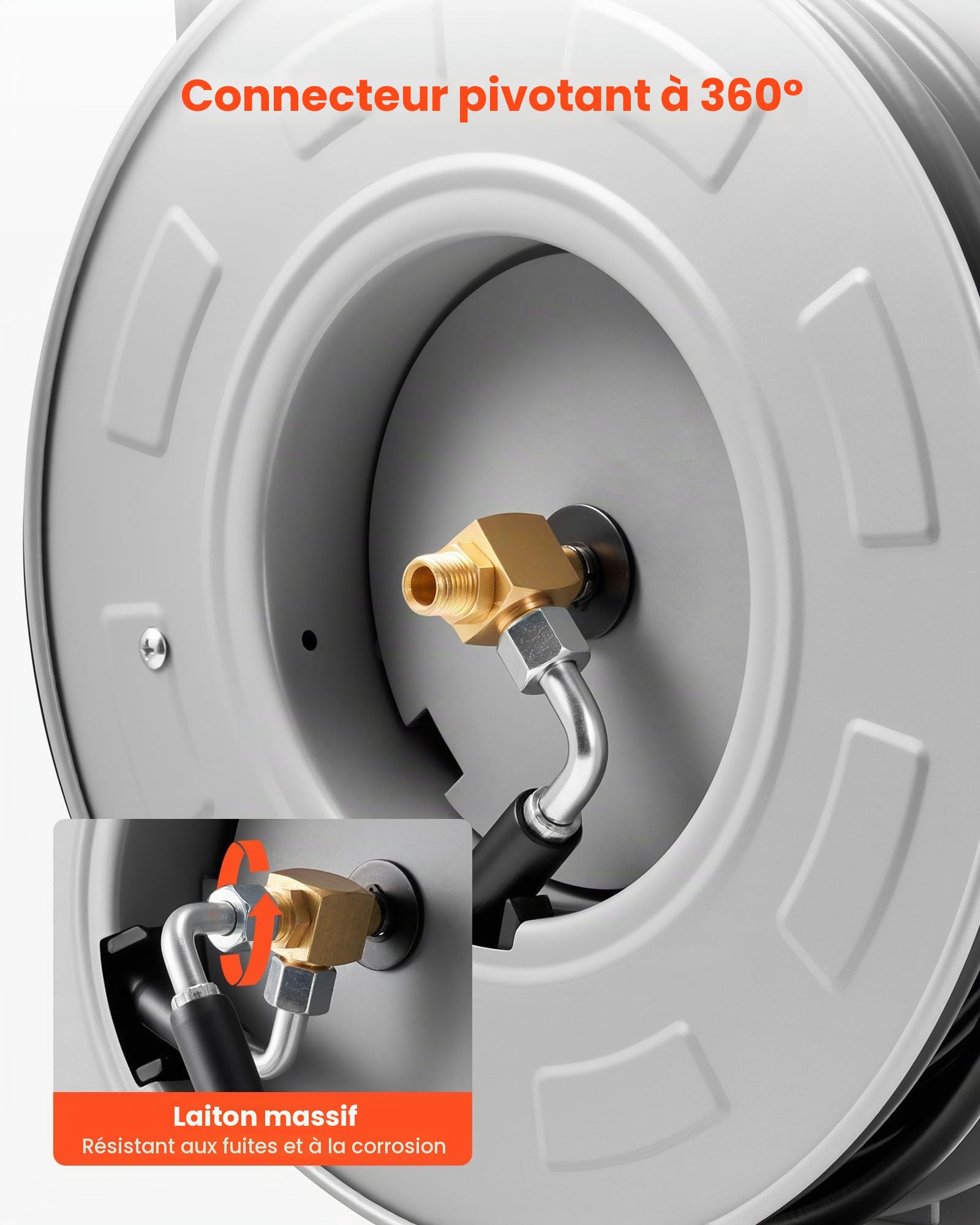 VEVOR Enrouleur de Tuyau pour Nettoyeur Haute Pression 19,8 m x 6,4 mm, Dévidoir Rétractable Acier, Montage sur Mur, Sol, Pression 220,6 bar, Enroulement Automatique pour Lavage Voiture, Sol, Jardin