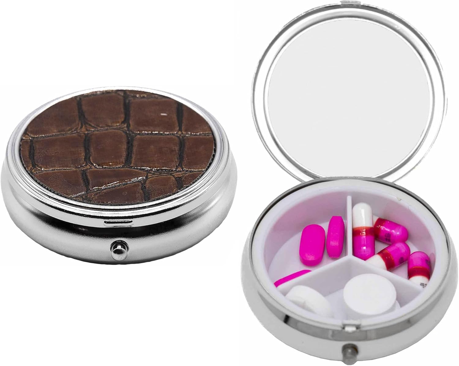 Set of 2 Circular Triple-Compartment Pocket Purse Pill Box & Organizer with Insert (Silver Flat Top - Engravable)
