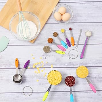 HAUSPROFI Measuring Cups and Spoons Set of 14, Stainless Steel Cup Measurement Set with Measuring Scoop and Clip for Food, Soft Silicone Handle and Ruler, for Baking, Kitchen Cooking, Liquid and Solid