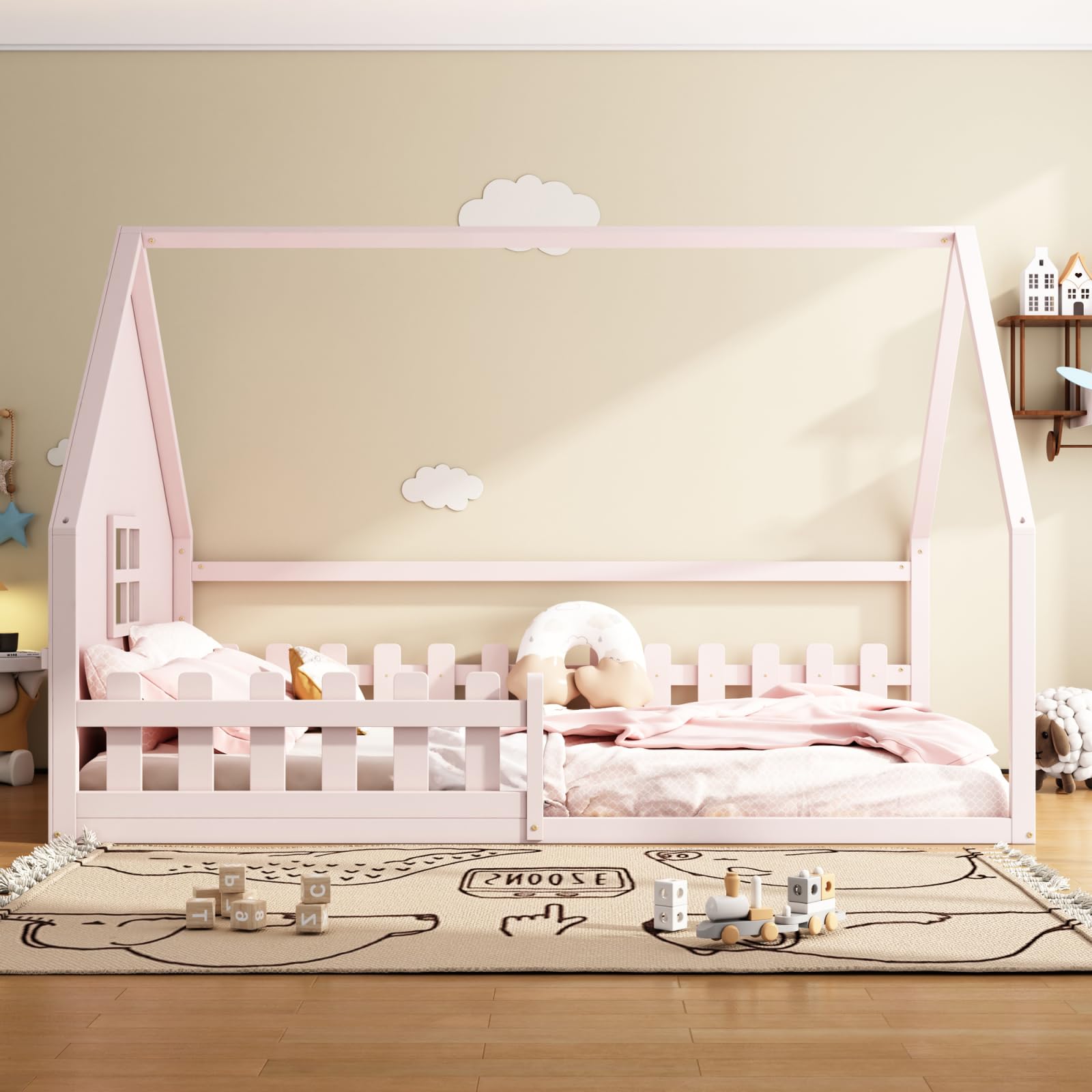 Cama infantil, cama Montessori, cama de madera de pino macizo, cama individual con forma de casa para niños o niñas, sin colchón (rosa, 140 x 200 cm)