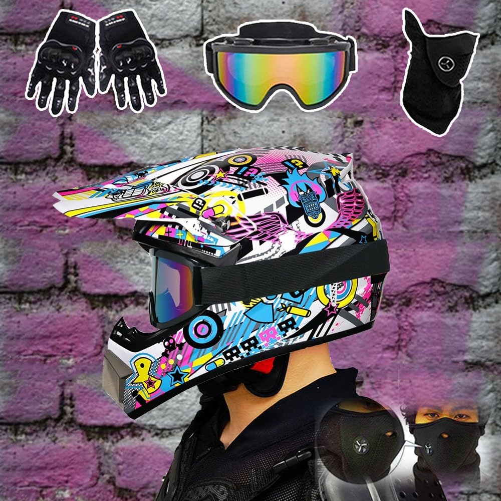 Casco de Motocross, BMX, ATV, Todoterreno, para NiñOs, Aprobado por El Dot, Incluye Guantes, Gafas Y MáScara 4 Piezas
