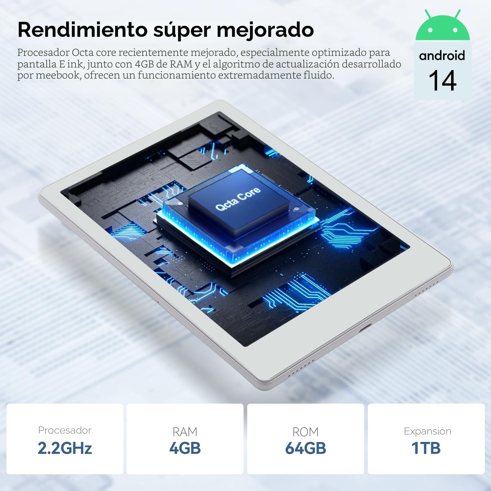 Meebook E-Reader M8 | Pantalla 7.8' Eink Carta | Luz Inteligente 300PPI | Android 14 | Procesador Octa Core | Micrófonos y Altavoces Duales | Soporte Play Store | Escritura Manual | 4GB+64GB | Blanco