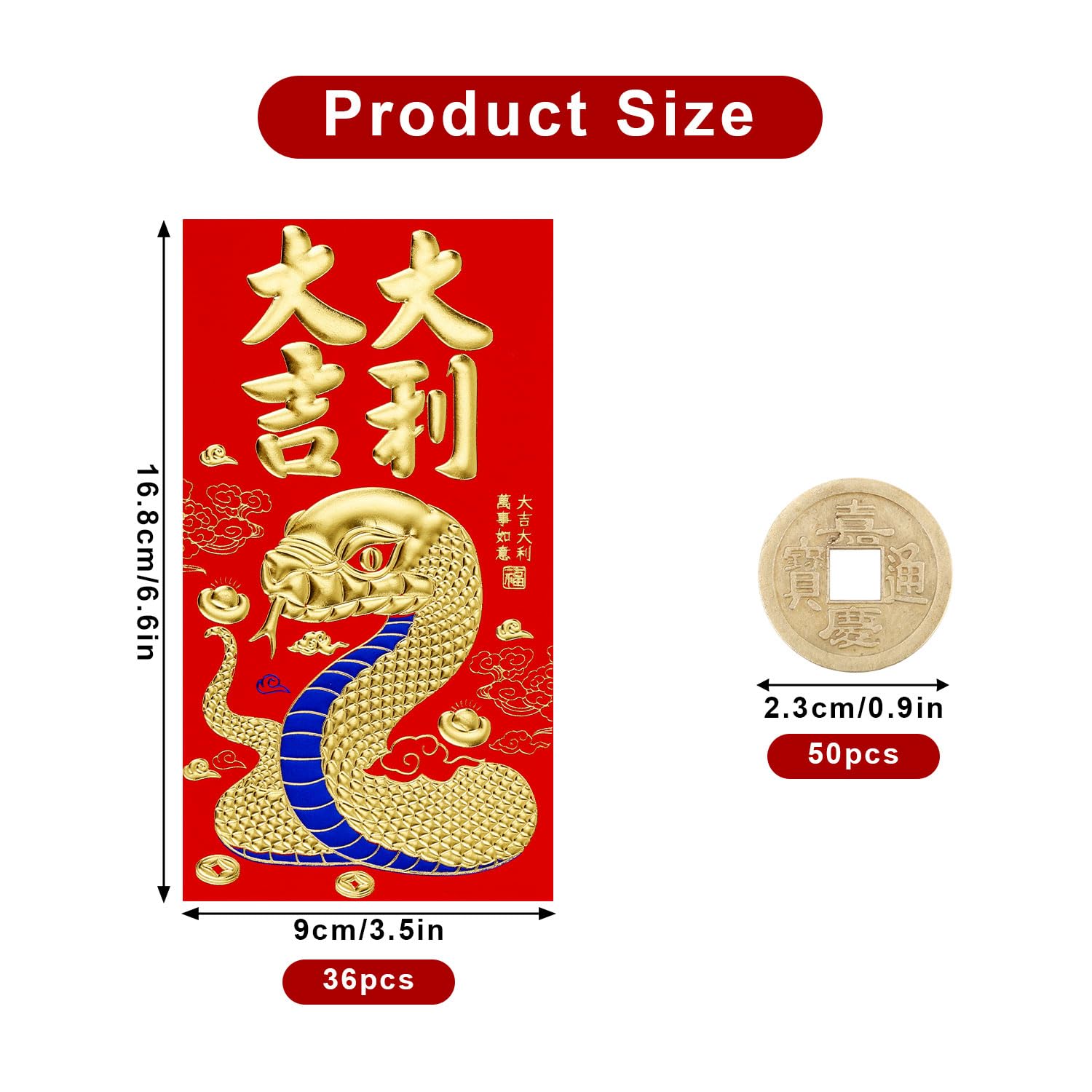 Buste Rosse per Capodanno Cinese 2025 con 50 Monete Feng Shui 16,8x9cm Hong Bao Serpente 6 Motivi Rilievo Dorati