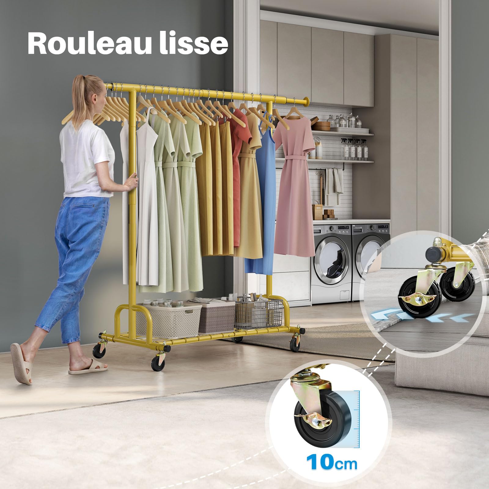 HOKEEPER Portant à vêtements avec étagères, capacité de 200 kg, sur roues, doré