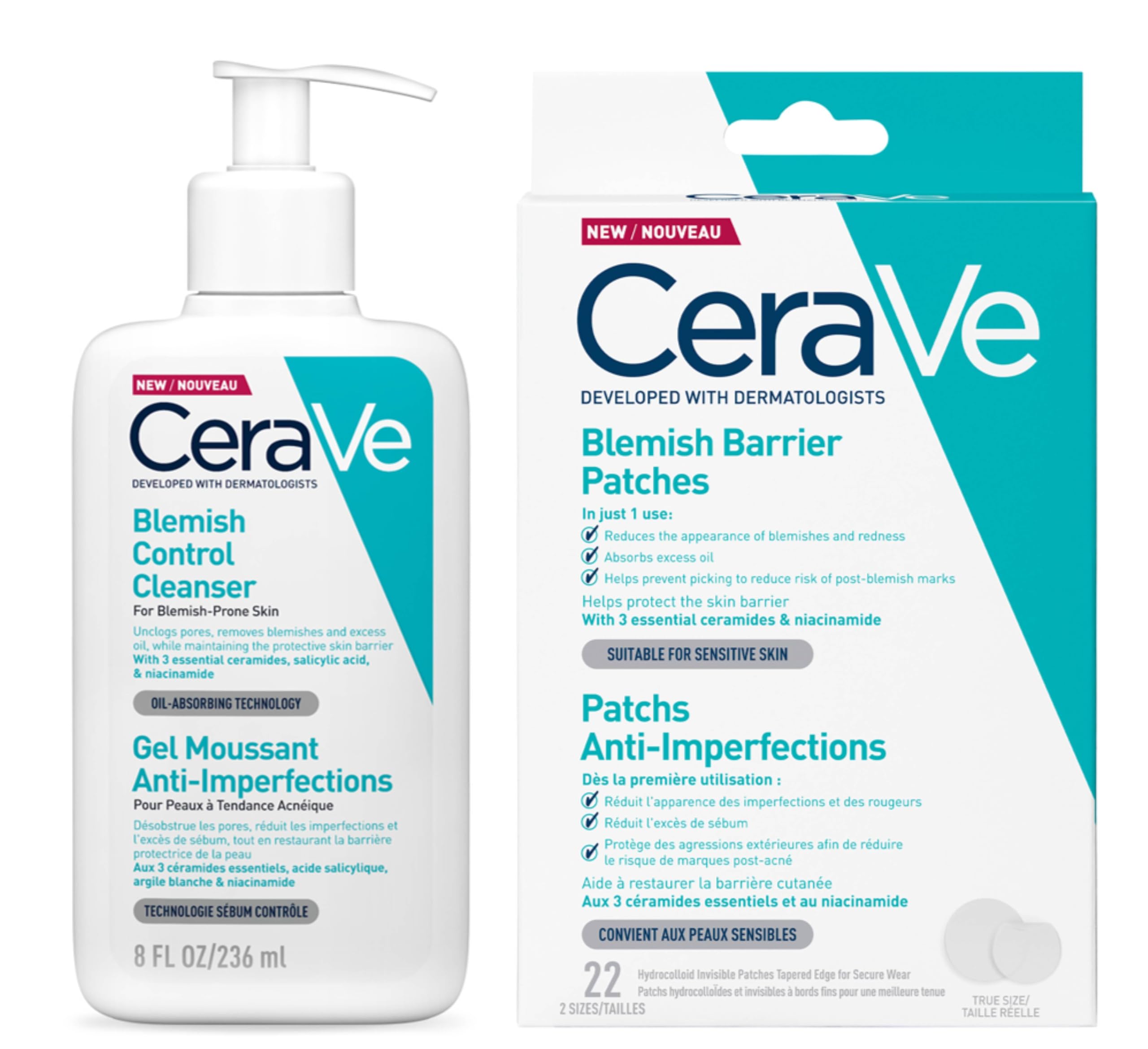 CeraVe Blemish Control Cleanser 236ml & Blemish Barrier Patches Pack of 22