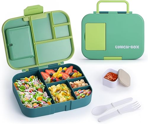 QQKO Lonchera Bento para niños, lonchera para adultos, contenedores para niños y niñas con 5 compartimentos, contenedor de comida con utensilios,