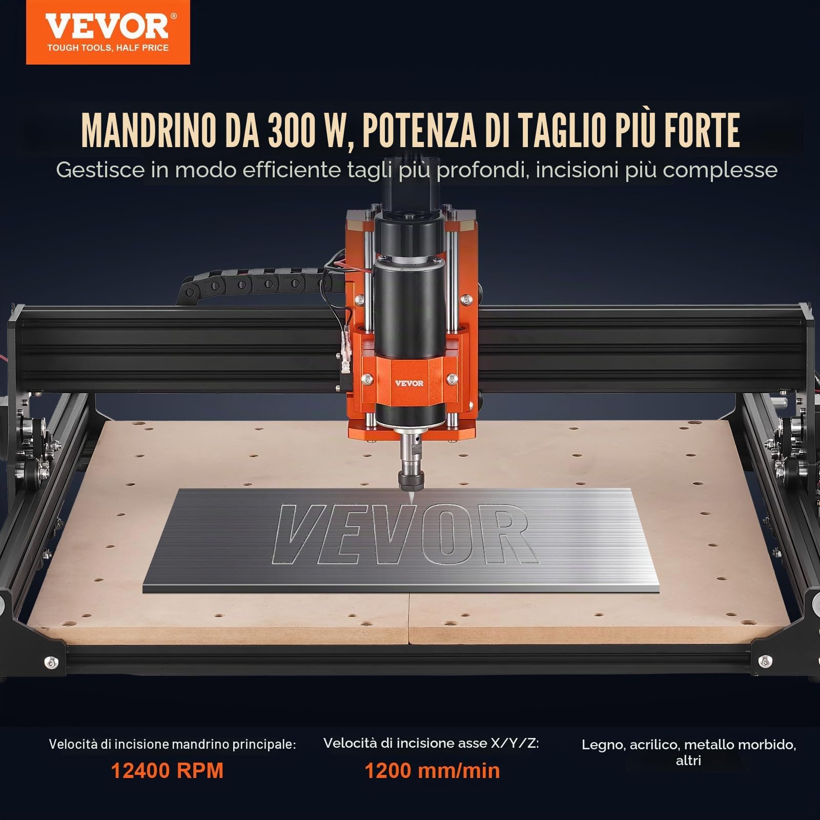 VEVOR CNC Router Macchina, 300 W, 3 Assi GRBL Controllo Kit per Fresatura e Incisione su Legno, 400 x 400 x 60 mm Area di Lavoro 1200 giri/min, Router Macchina per Legno Acrilico Schiuma Plastica