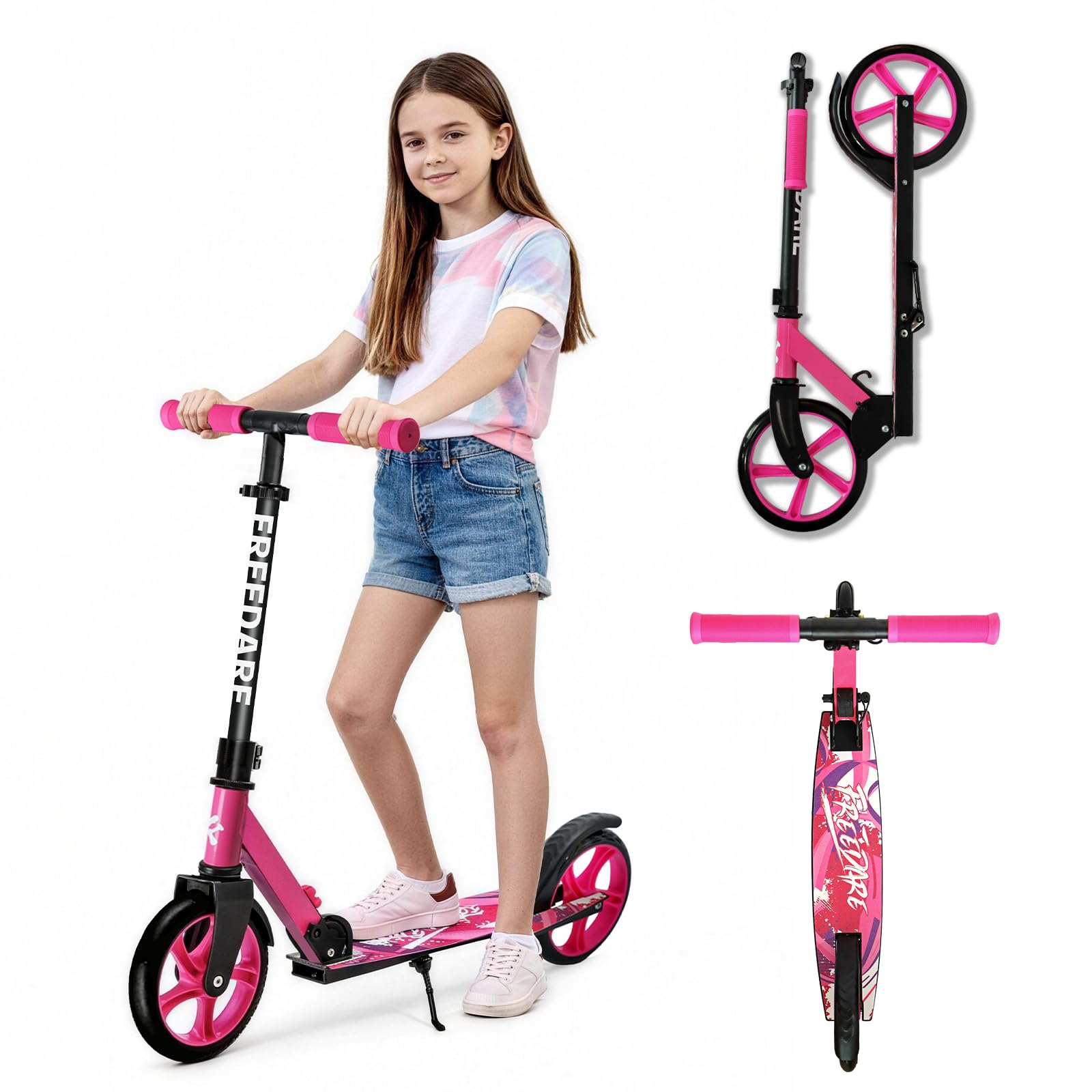 FREEDARE Kick Scooter for Kids Ages 8-12, 200mm Big Wheels Scooter for Kids, Teens and Adults, 4 Adjustable Height, 2 Wheels Scooter Foldable, up to 100kg Pink — image 1