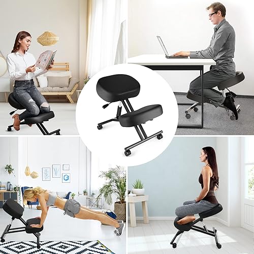 Miniatura 4 de Silla ergonómica de oficina, taburete ajustable en altura con cojines de espuma gruesos y ruedas deslizantes suaves para mejorar la postura y
