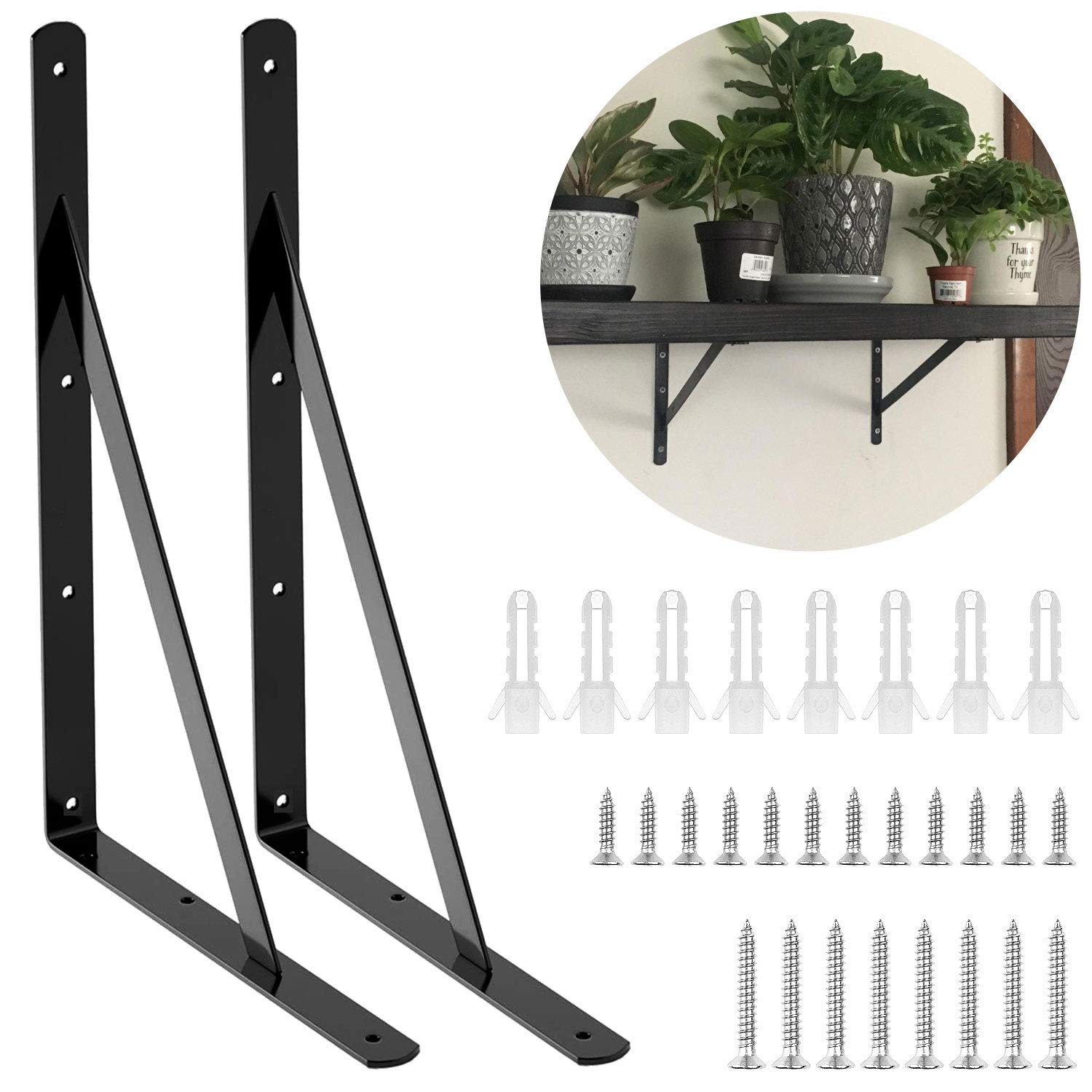 Équerre d'étagère robuste 40x25 cm en triangle noir pour fixation murale stable