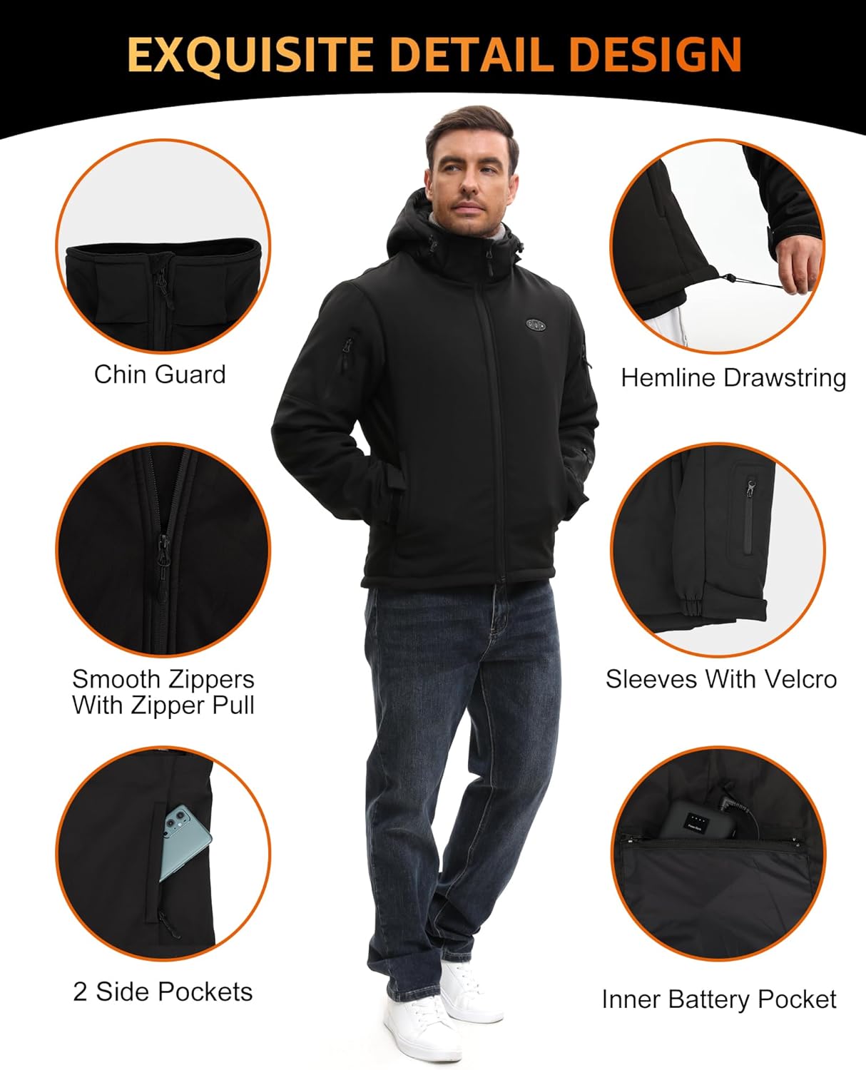Heated Jackets for Men with Battery Pack Included, Softshell Mens Heated Jacket with Adjustable&Detachable Hood - Image 8