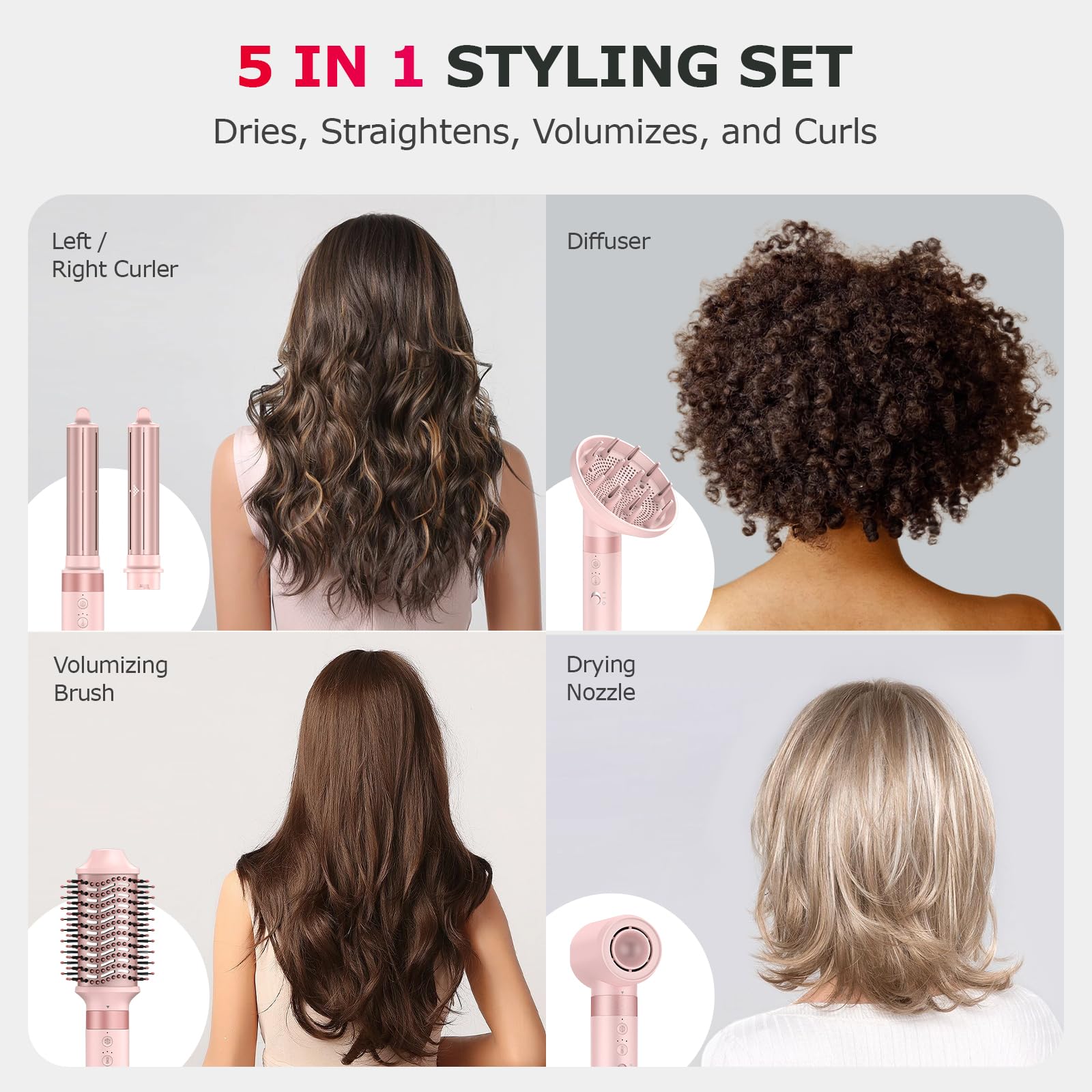MESCOMB Hair Styler 5 in 1 Asciugacapelli con Diffusore, 110000 RPM Multifunzione Asciugatura Rapida, Nessun Danno Termico con Ricci, Liscio Volume Con Scatola Portaoggetti Adatto per Fare Regali