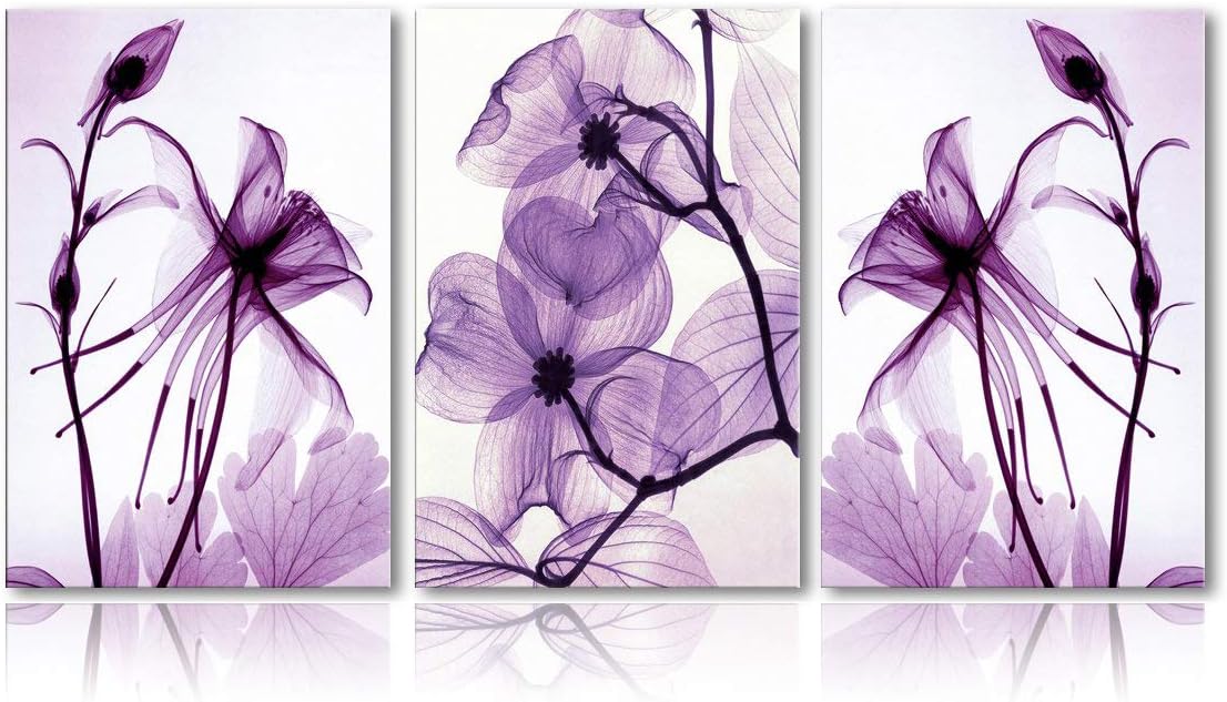 Meigan Art Modern Canvas Wall Art Home Decor Wall Art Painting Purple Flowers Art Wood Inside Framed Ready to Hang (12InchX16InchX3)