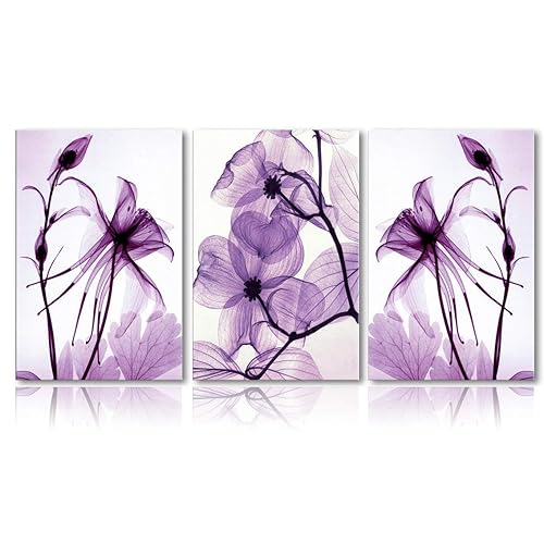 Meigan Art Modern Canvas Wall Art Home Decor Wall Art Painting Purple Flowers Art Wood Inside Framed Ready to Hang (12InchX16InchX3) - 12''X16''X3panel - purple