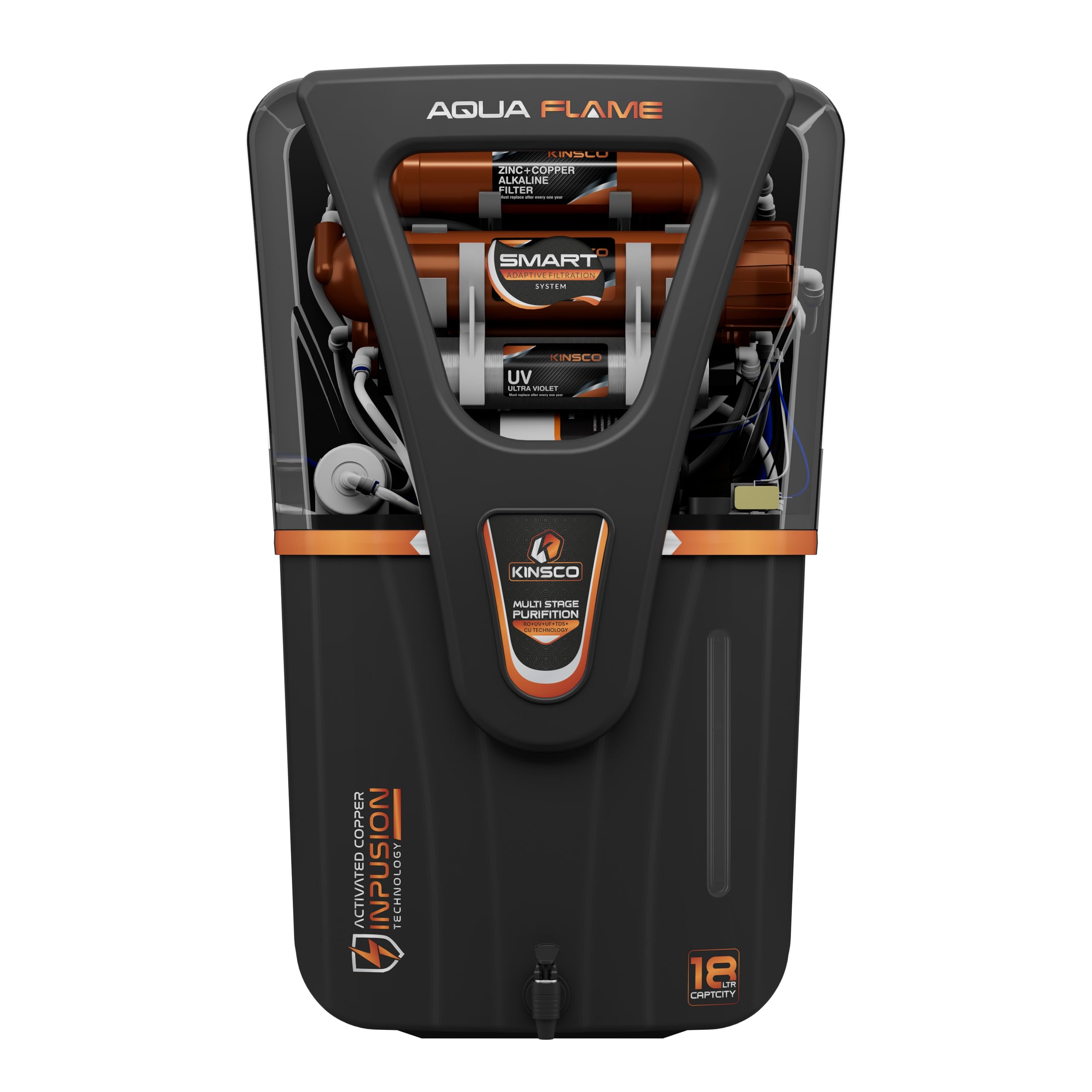 Kinsco Aqua Flame 18 Litre Copper RO Water Purifier - RO + UV + UF + TDS + Copper Technology (Black)