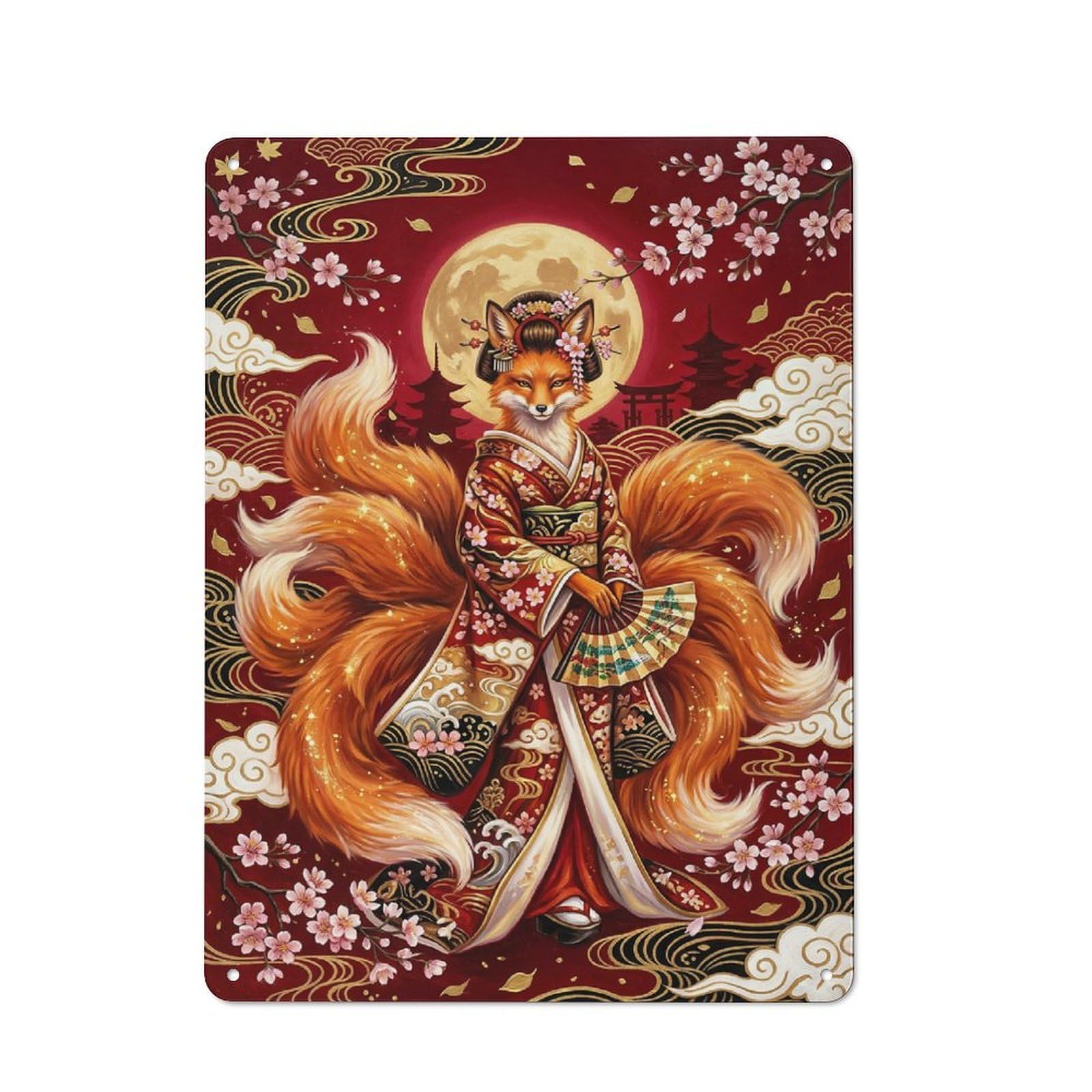 Junmoney Style-5 Character Decorative Tin Plaque 40X30cm Featuring Kitsune In Kimono With Cherry Blossoms, Home Wall Decor For Flat, Dorm Room, Lounge Or Cafe