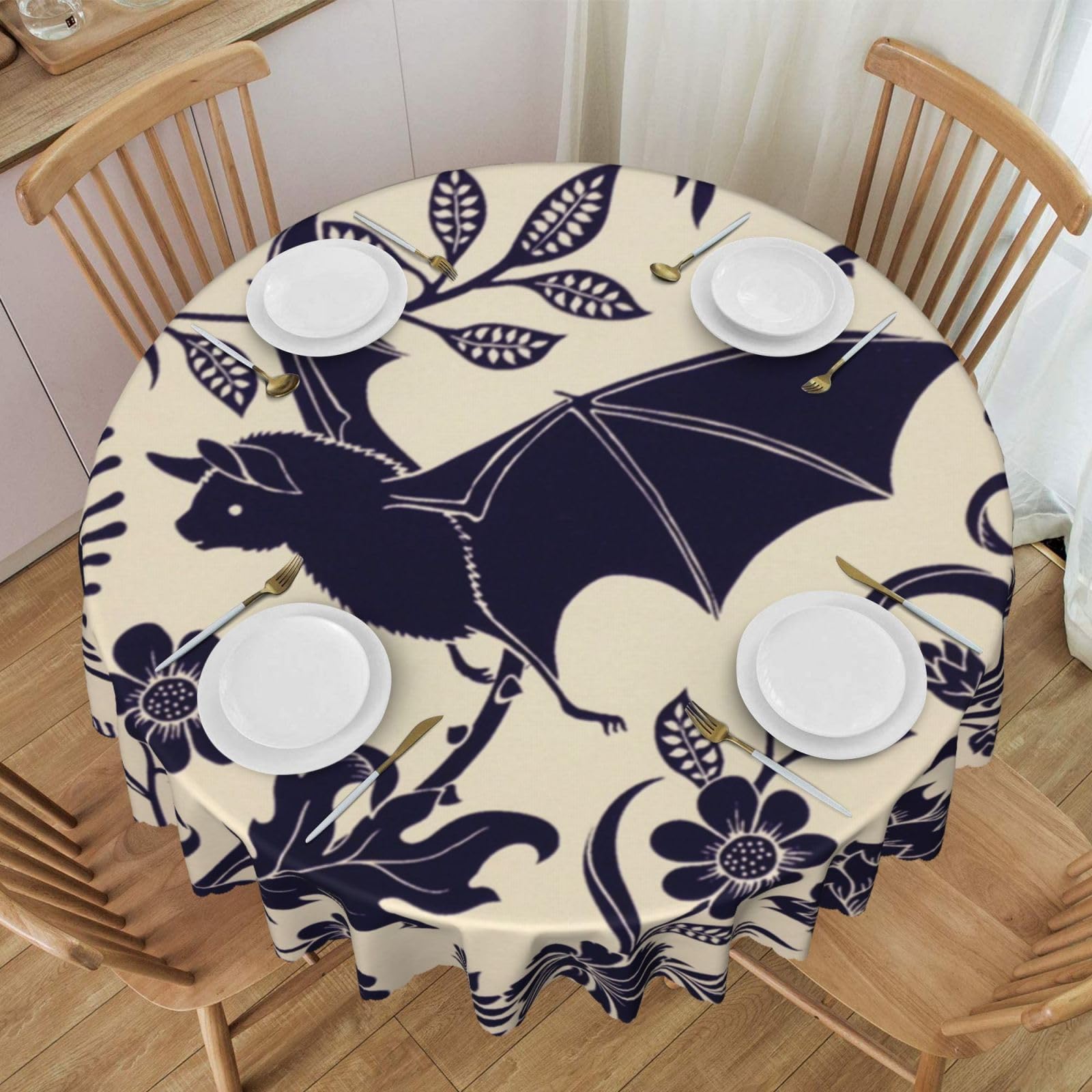 DCEHGEW 60 In Round Tablecloth with Lace, Bat Print Printed Oilproof & Washable Fabric Picnic Table Cloth Table Covers
