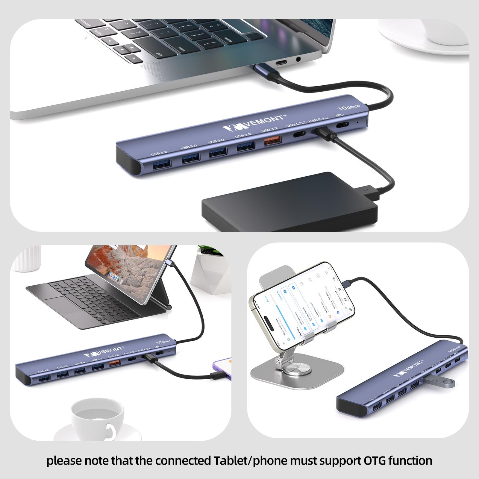 Hub USB C 10 Gbps, VEMONT 7 in 1 in alluminio USB 3.1/3.2 con 2 USBC 3.2 e USBA 3.2 e 4 porte USBA 3.0, ricarica 100 W, splitter USB C, compatibile con MacBook/iPad/laptop/telefoni e dispositivi USBC