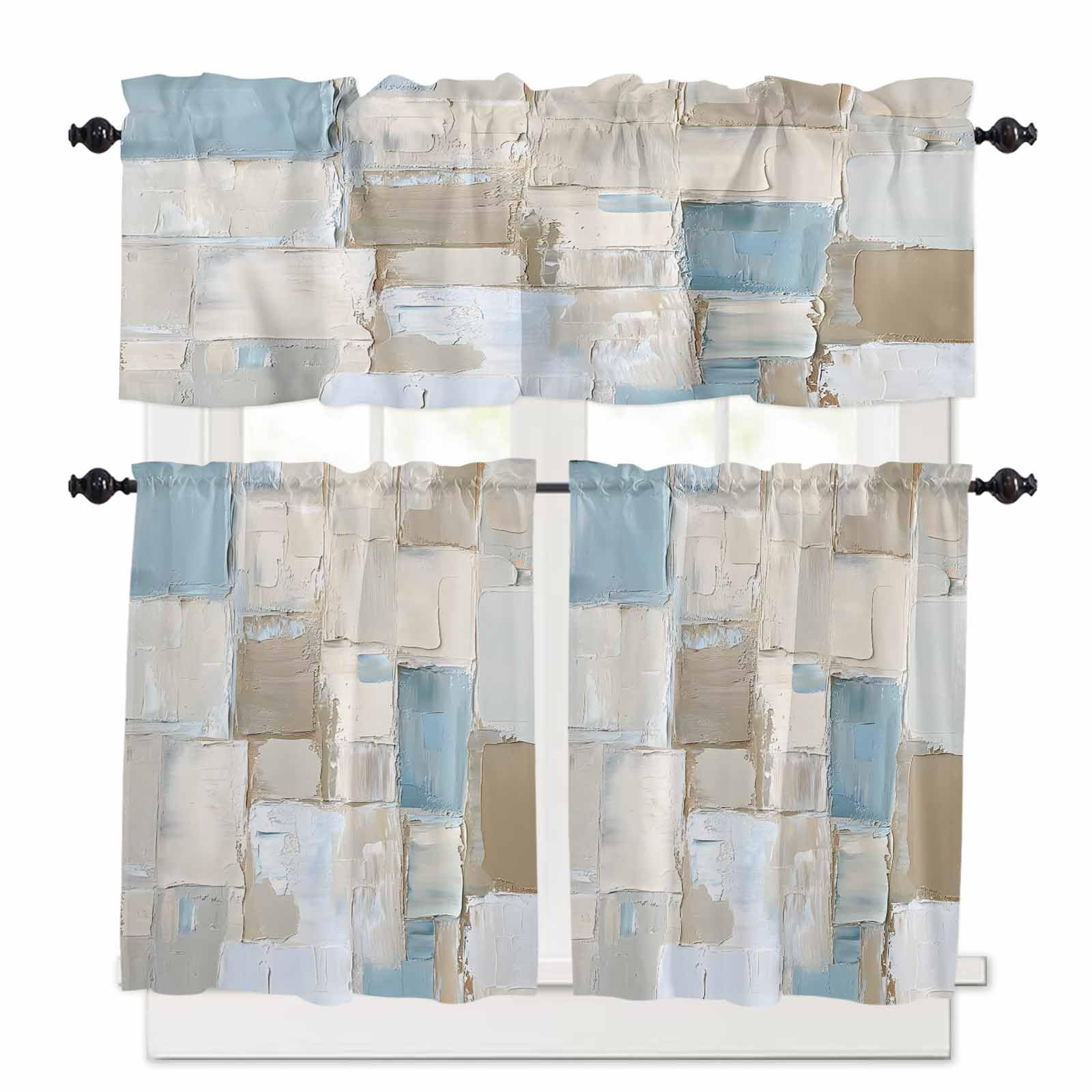 Blue Brown Color Blocks Kitchen Curtains 36 Inch Length,3 Piece Rod Pocket Small Half Tiers and Valance Set,Abstract Oil Painting Geometric Small Large Window Treatment Decor for Bedroom/Bathroom