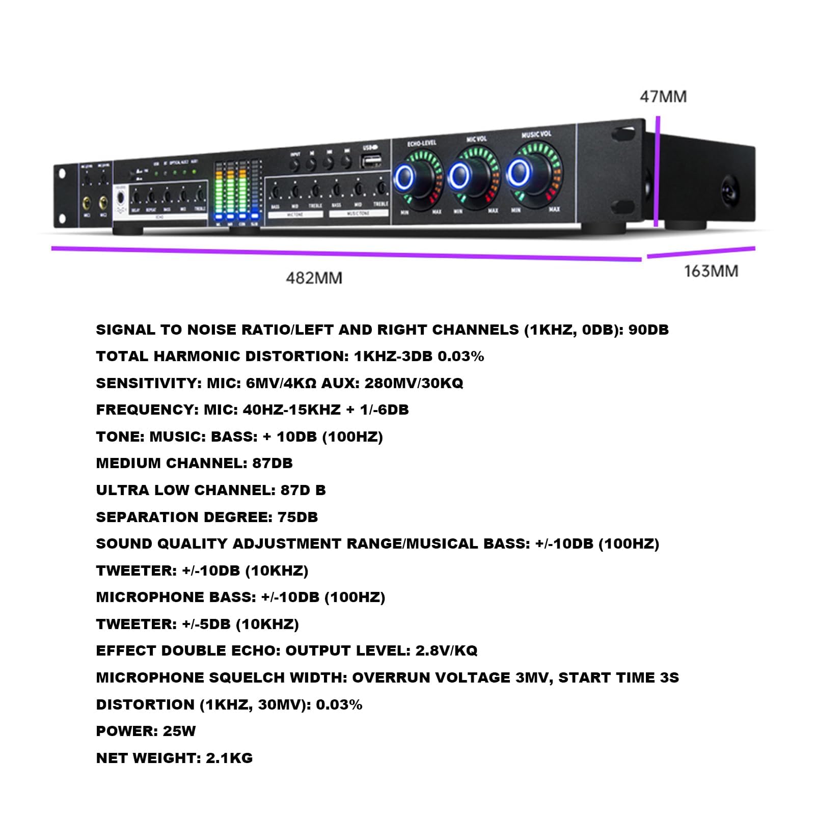 Procesador de audio digital con supresor de retroalimentación, reverberación DSP antiaullidos, reproductor MP3 Bluetooth, USB, mezclador de micrófono multicanal con efectos vocales