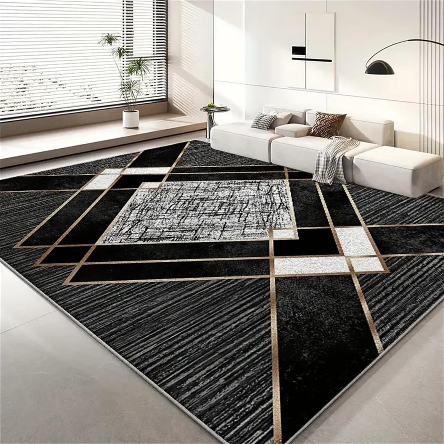 Kuluoits Geometric Rug for Living Room, 60x90cm, Modern Abstract Line Pattern Rugs, Bohemian Style, Vintage Washable Large Size Non-Slip Non-Fading Rugs for Living Room Bedroom Lounge Black and Gray