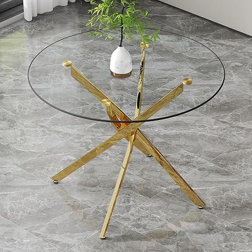 Miniatura 49 de Mesa redonda de comedor de vidrio para 2 a 4, moderna mesa superior de vidrio templado, patas cromadas resistentes, almohadillas ajustables, mesa de