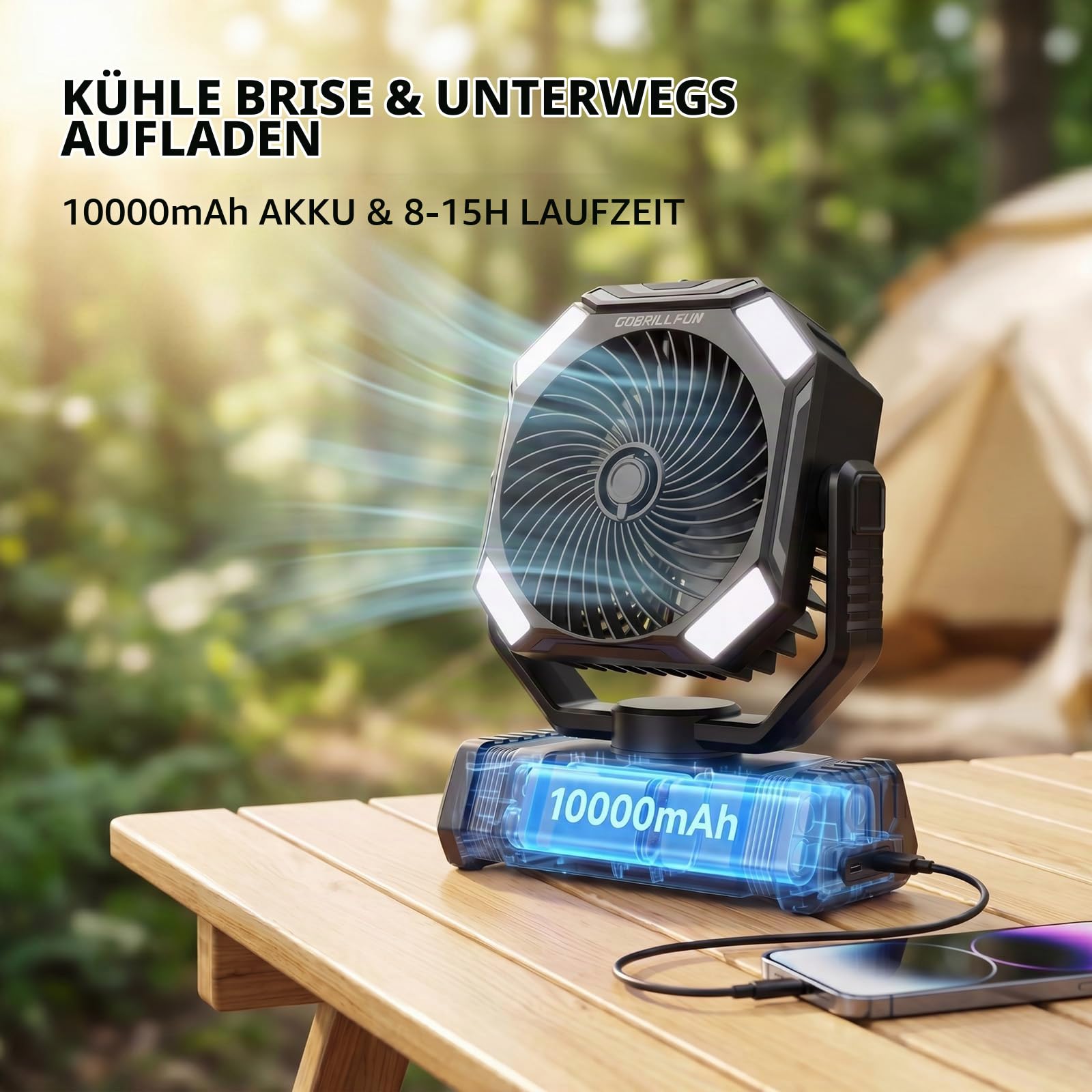 Akku Ventilator mit Sprühnebel, 10000mAh Wiederaufladbarer Tragbarer Ventilator, Oszillierender Kühlventilator, Fernbedienung, LED Licht, Timer für Camping Terrasse Strand Büro (Schwarz) | Wiederaufladbarer Oszillierender Ventilator mit 2 Nebelstufen, LED