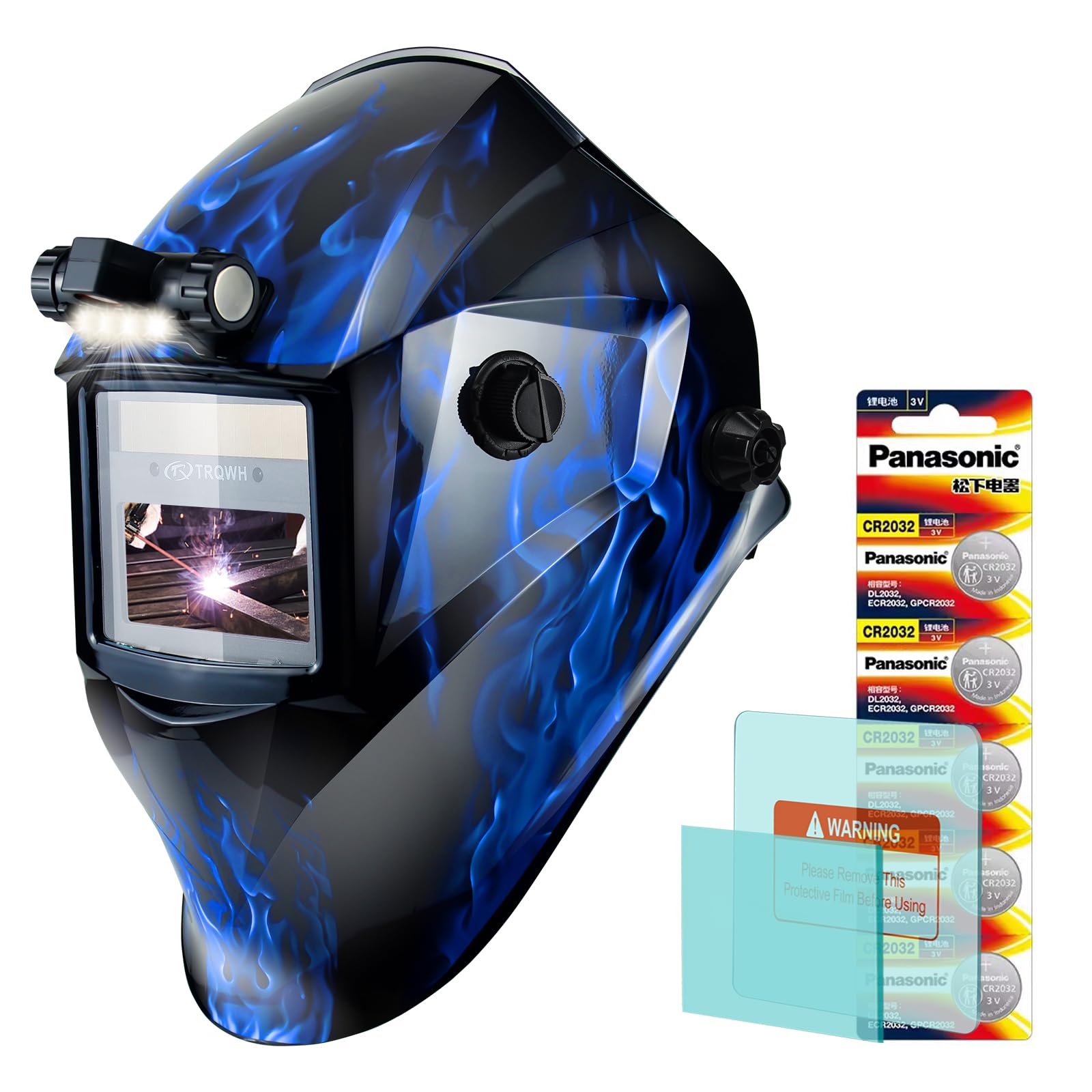 TRQWH Welding Helmet Auto Darkening with Light Welding Hood True Color 1/1/1/2 Top Optical Clarity Welding Mask 2 Arc Sensor Wide Shade 9-13 Welder Helmet with Grinding, Compatible with Cheater lens