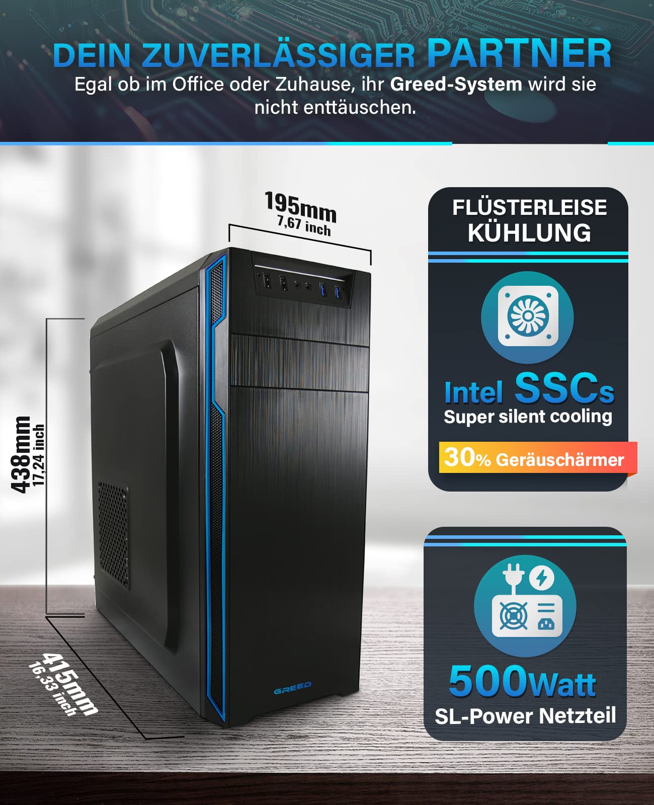 Greed® Multimedia V2 PC mit Intel Core i7 10700F - Schneller Rechner + Computer für Büro & Home Office mit 4,8 GHZ, 16GB RAM/Arbeitsspeicher - 512GB SSD - DVD+RW - USB3.1 - WLAN, inkl. Windows 11 Pro