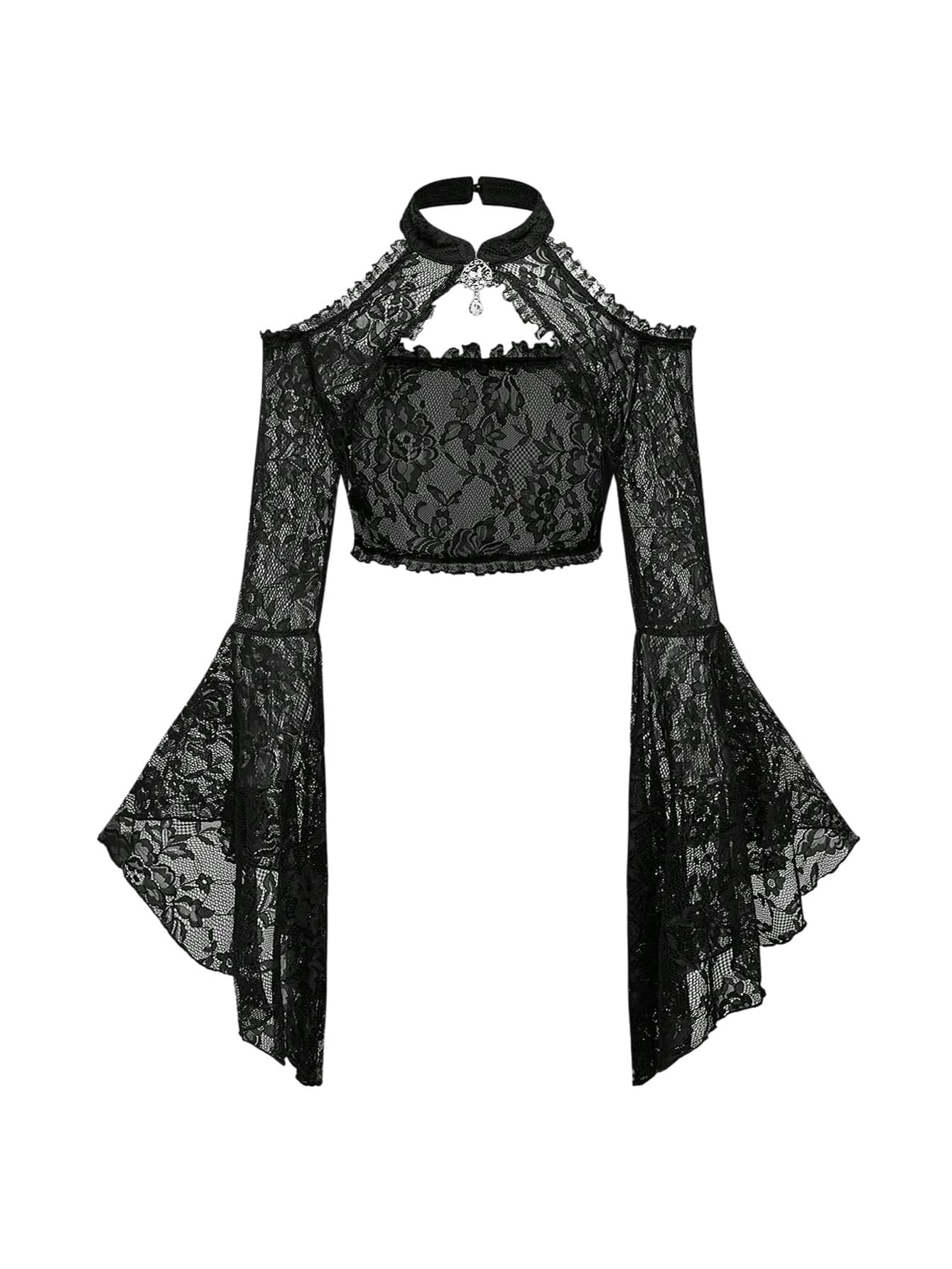 OYOANGLE Womens Floral Lace Mesh Cropped Shrug Bell Long Sleeve Halter Y2K Goth Crop Tops Concert Outfits