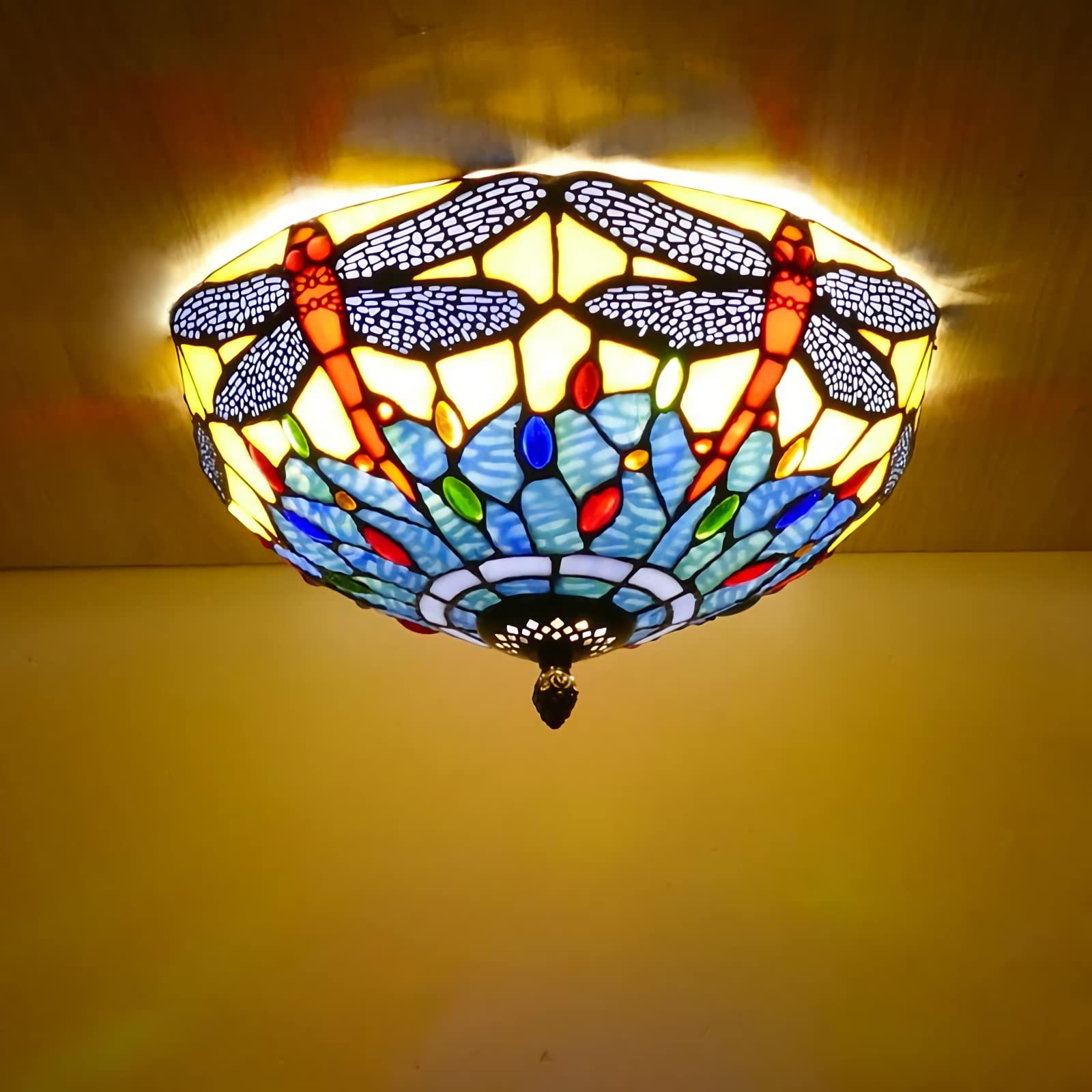 WDBZTJ Tiffany Dragonfly Flush Mount Ceiling Light Fixtures, Dimmable Stained Glass Shade LED Ceiling Lamp, Modern Retro Style Chandelier Pendan Lighting for Living Room Bedroom Hallway,Blue,30cm